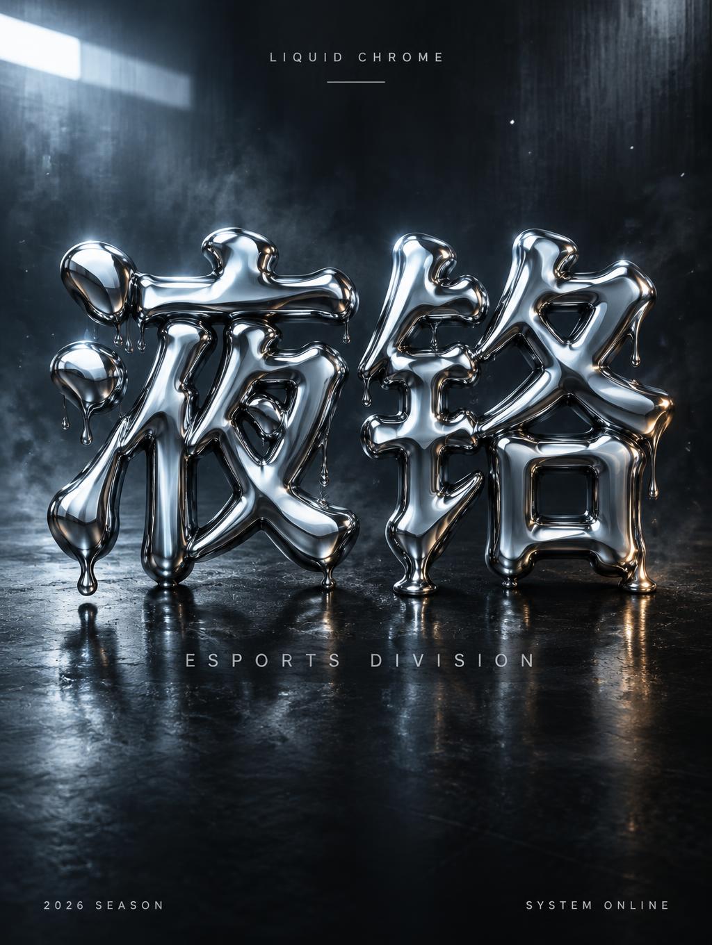 "液铬
LIQUID CHROME
ESPORTS DIVISION
2026 SEASON
SYSTEM ONLINE" — Metallic | AI Text Effect Generator