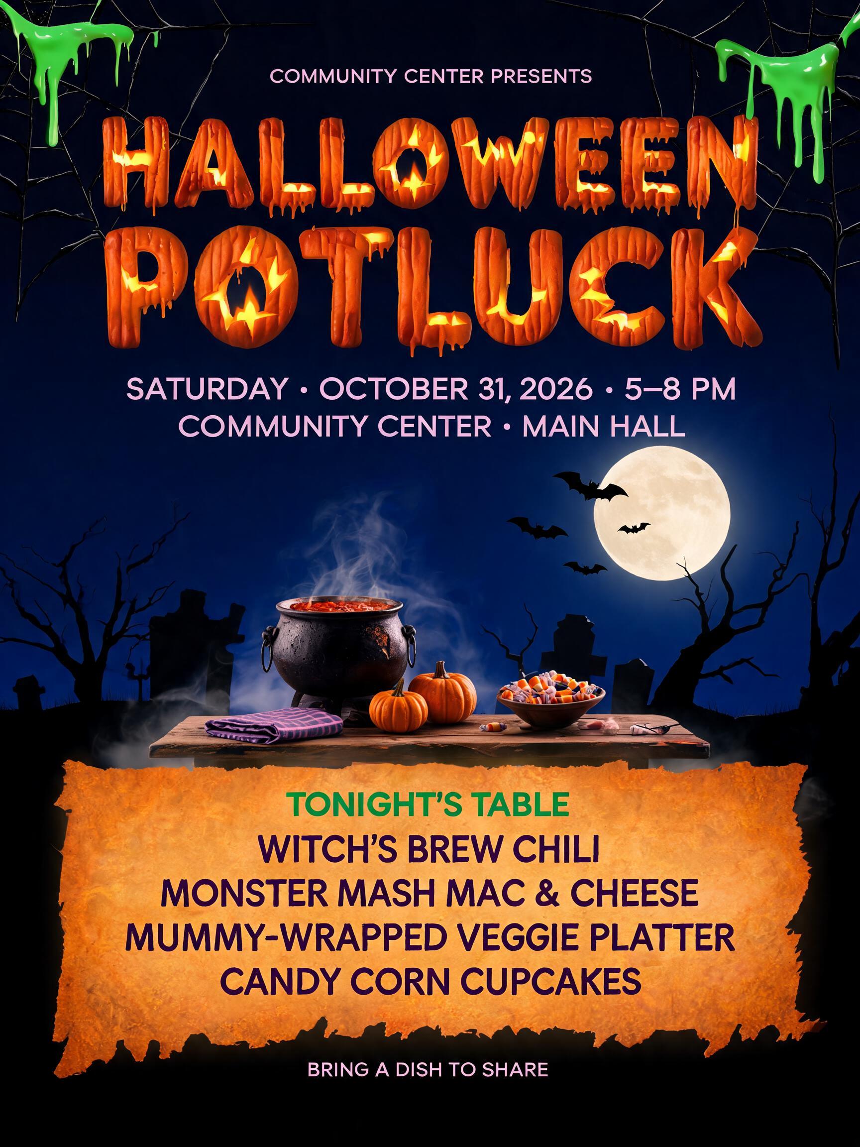 COMMUNITY CENTER PRESENTS
HALLOWEEN
POTLUCK
SATURDAY · OCTOBER 31, 2026 · 5–8 PM
COMMUNITY CENTER · MAIN HALL
TONIGHT’S TABLE
WITCH’S BREW CHILI
MONSTER MASH MAC & CHEESE
MUMMY-WRAPPED VEGGIE PLATTER
CANDY CORN CUPCAKES
BRING A DISH TO SHARE