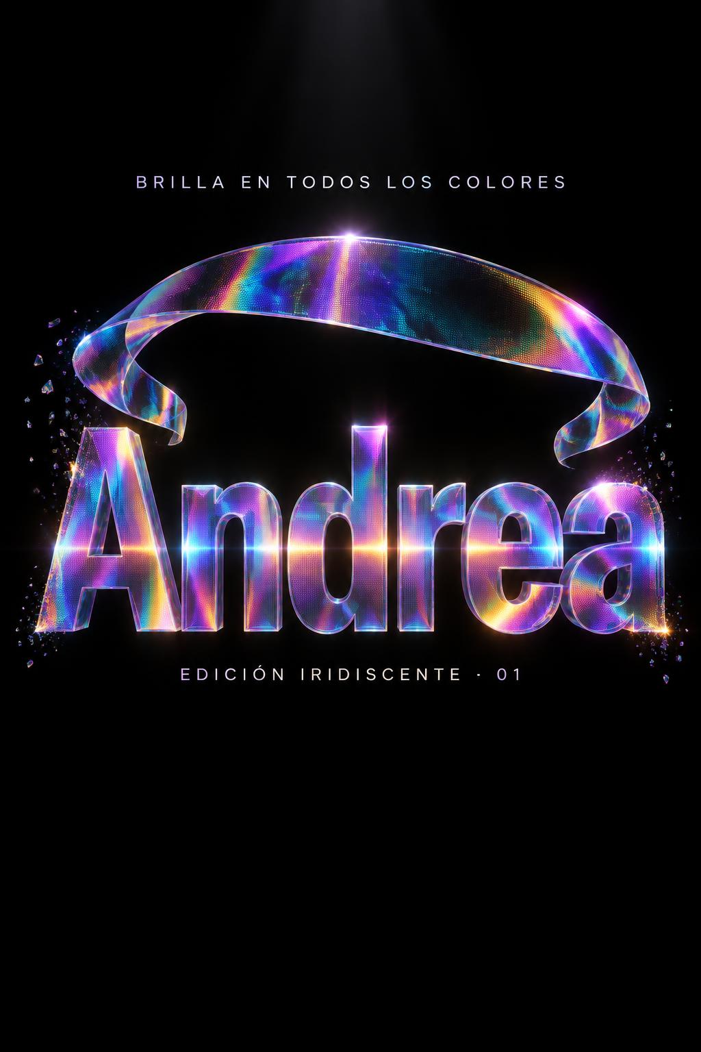 "Andrea
BRILLA EN TODOS LOS COLORES
EDICIÓN IRIDISCENTE · 01" — Holographic | AI Text Effect Generator