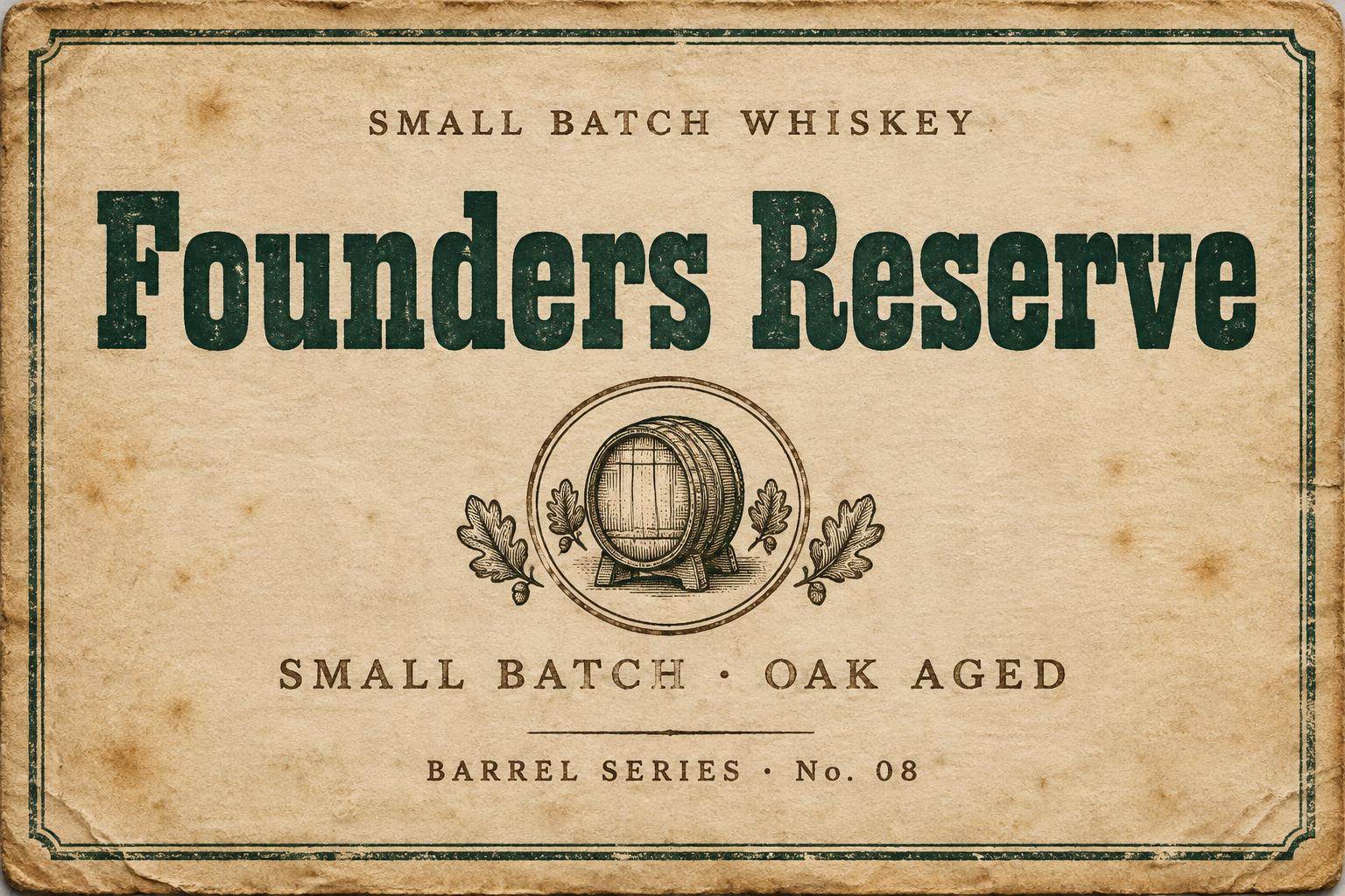 "Founders Reserve
SMALL BATCH WHISKEY
SMALL BATCH · OAK AGED
BARREL SERIES · No. 08" — Vintage | AI Text Effect Generator