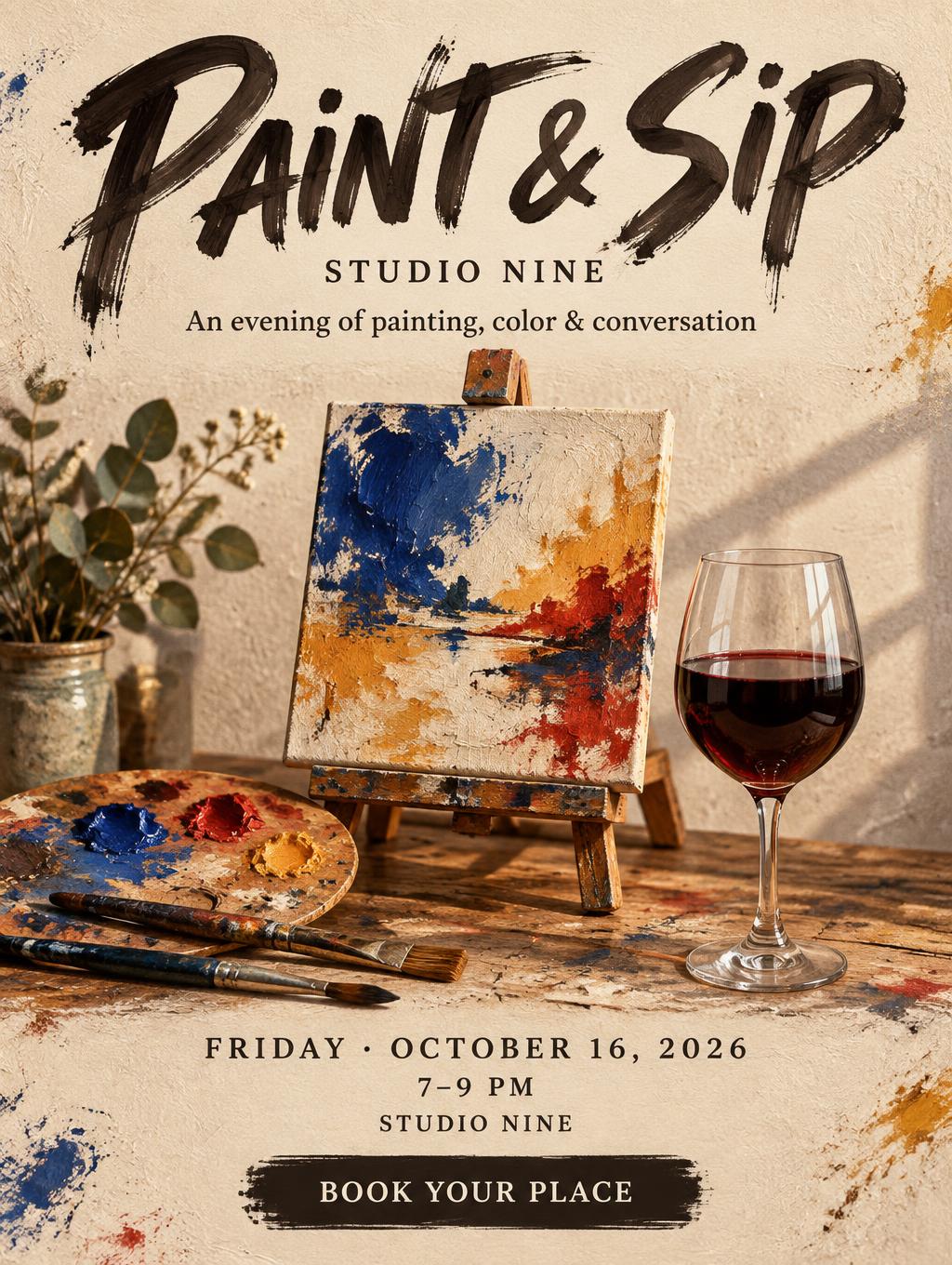 "PAINT & SIP
STUDIO NINE
An evening of painting, color & conversation
FRIDAY · OCTOBER 16, 2026
7–9 PM
STUDIO NINE
BOOK YOUR PLACE" — Brush Stroke | AI Text Effect Generator