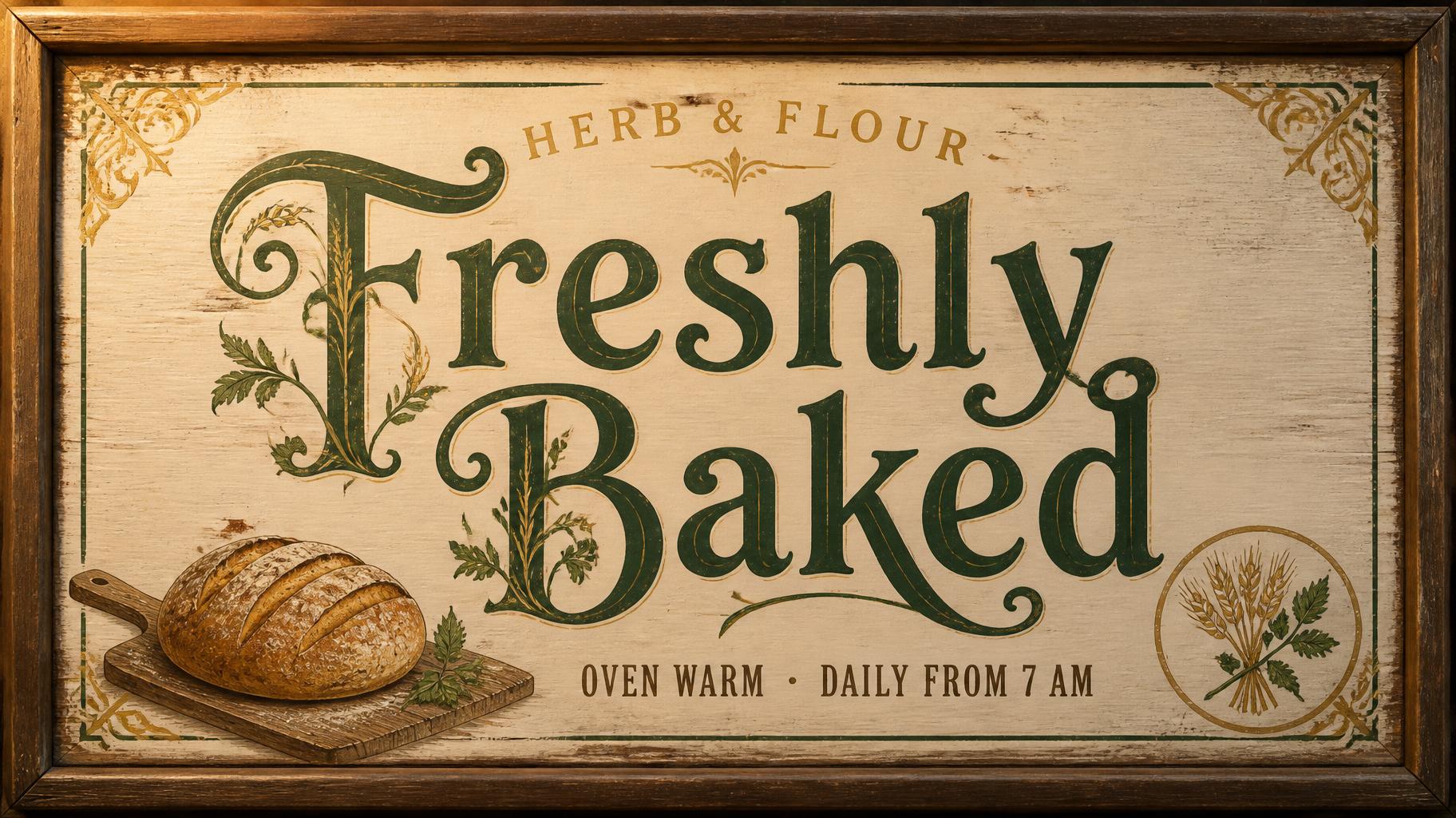 "Freshly Baked
HERB & FLOUR
OVEN WARM · DAILY FROM 7 AM" — Vintage | AI Text Effect Generator
