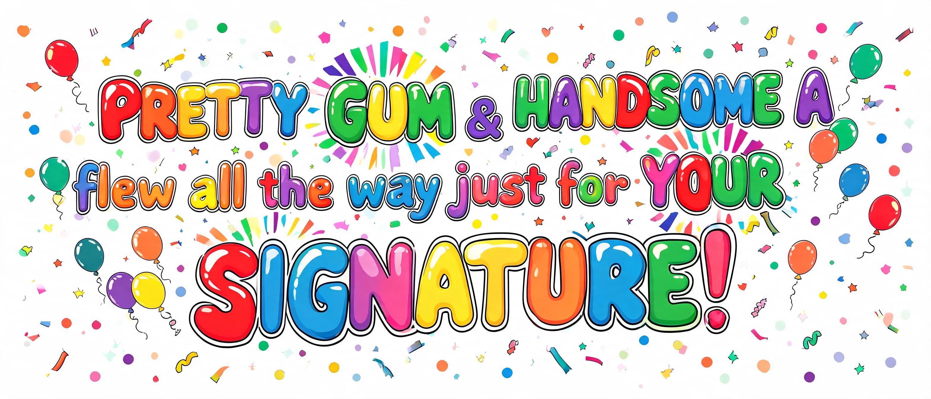 ""'PRETTY GUM' & 'HANDSOME A' flew all the way just for YOUR signature!"" — Birthday Kids text effect