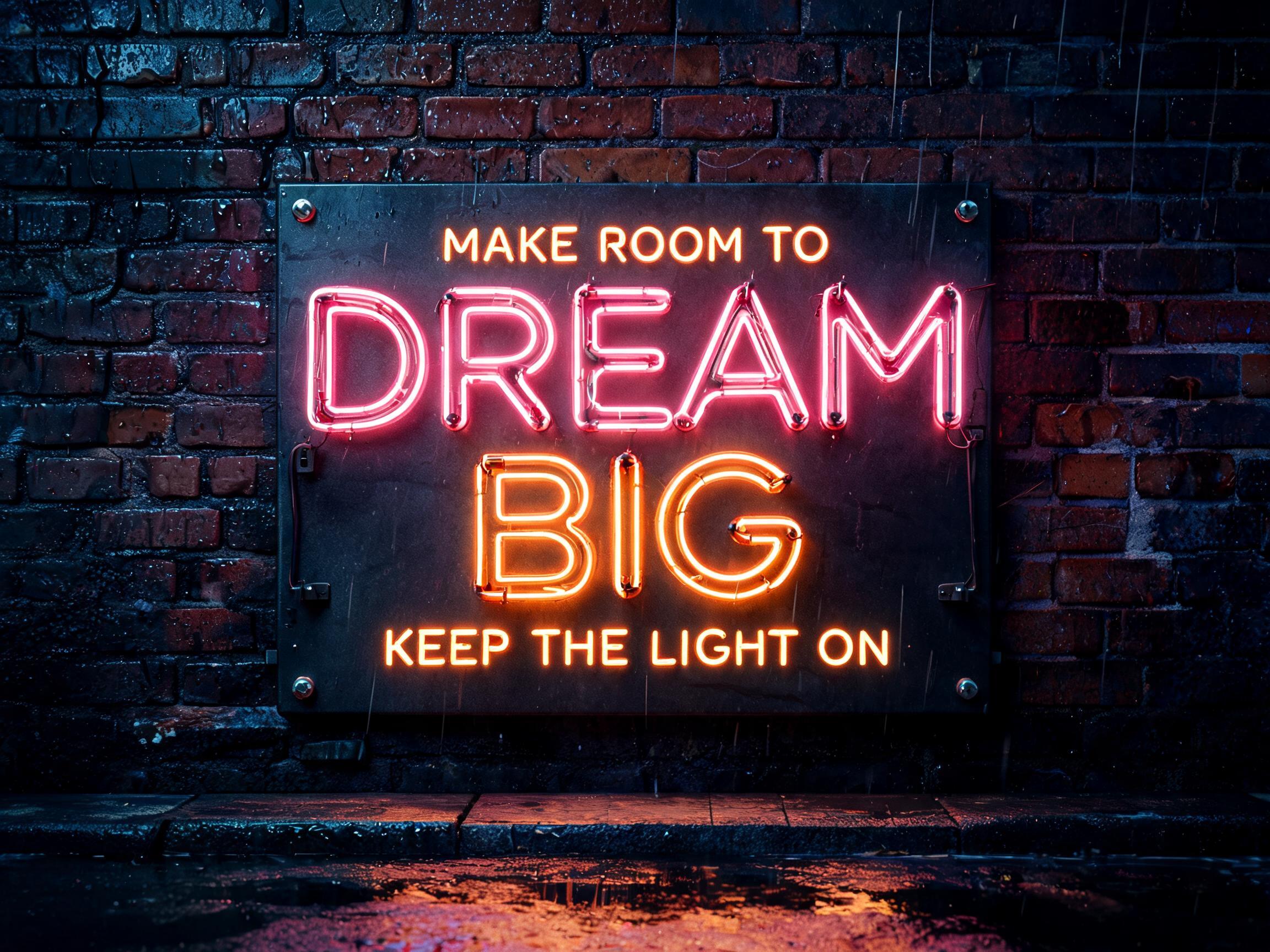 "DREAM
BIG
MAKE ROOM TO
KEEP THE LIGHT ON" — Neon Sign text effect