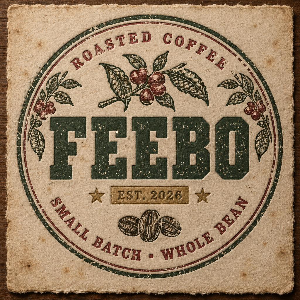 "FEEBO
ROASTED COFFEE
SMALL BATCH • WHOLE BEAN
EST. 2026" — Vintage | AI Text Effect Generator