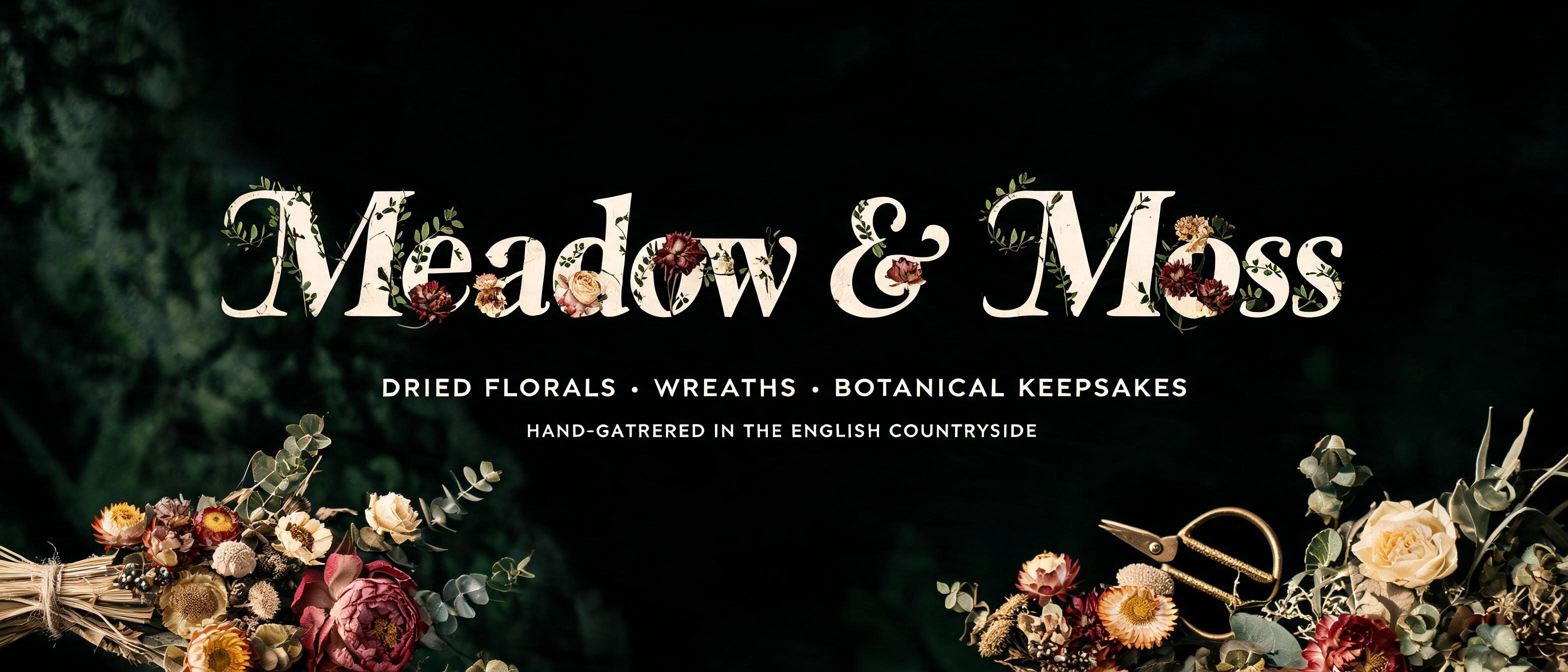 "Meadow & Moss
DRIED FLORALS · WREATHS · BOTANICAL KEEPSAKES
HAND-GATHERED IN THE ENGLISH COUNTRYSIDE" — Floral | AI Text Effect Generator