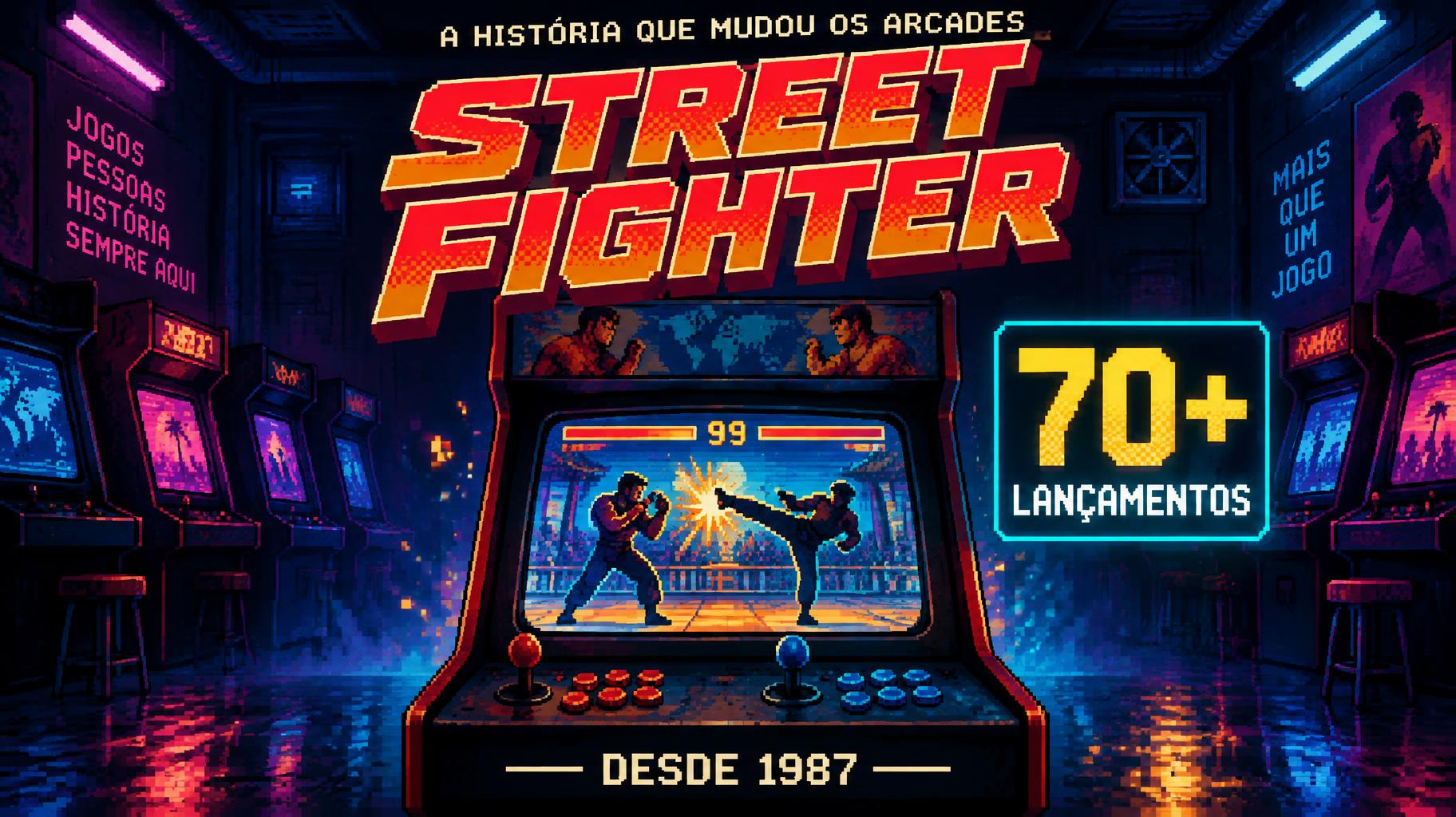 "STREET FIGHTER
A HISTÓRIA QUE MUDOU OS ARCADES
70+
LANÇAMENTOS
DESDE 1987" —  | AI Text Effect Generator