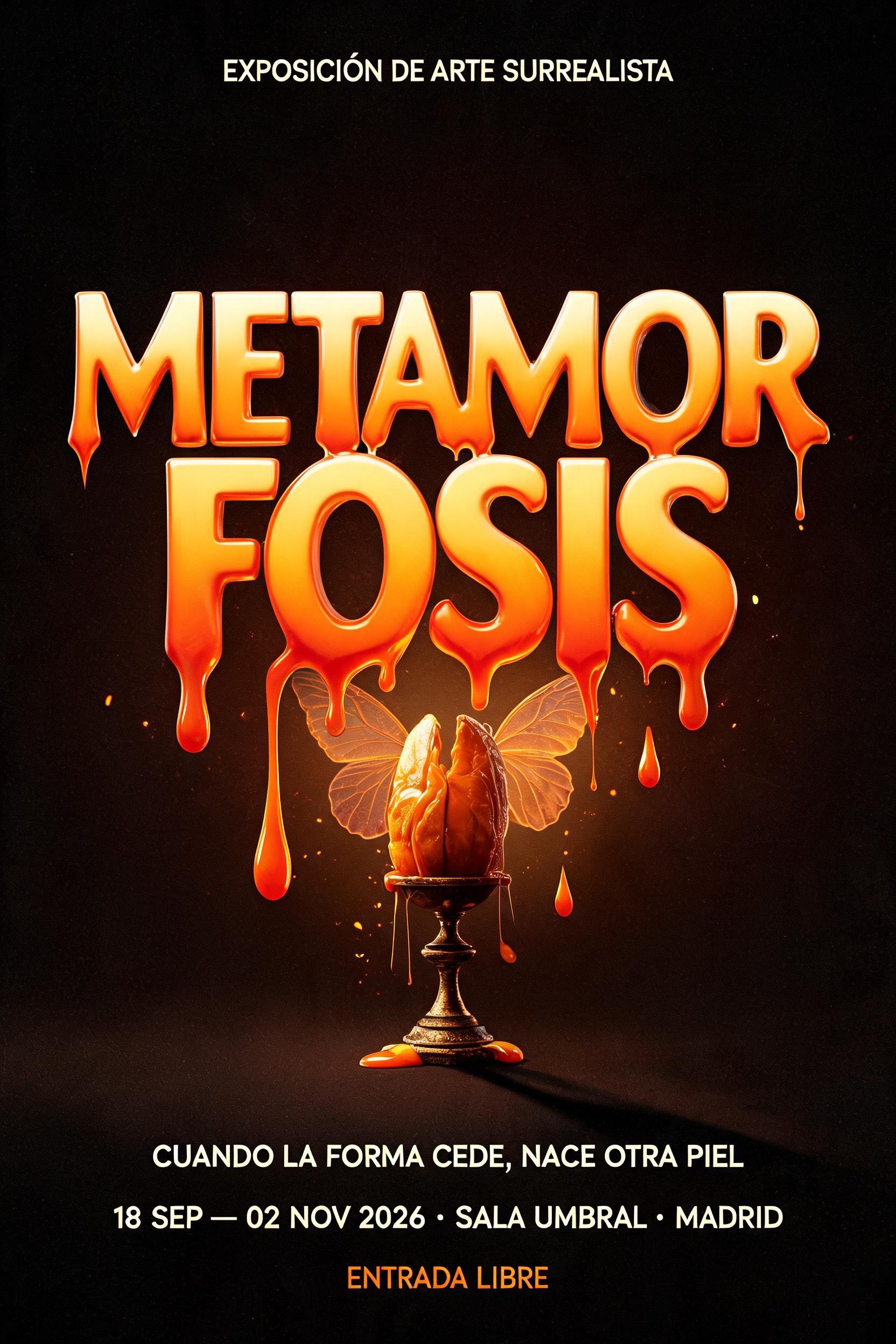 METAMOR
FOSIS
EXPOSICIÓN DE ARTE SURREALISTA
CUANDO LA FORMA CEDE, NACE OTRA PIEL
18 SEP — 02 NOV 2026 · SALA UMBRAL · MADRID
ENTRADA LIBRE