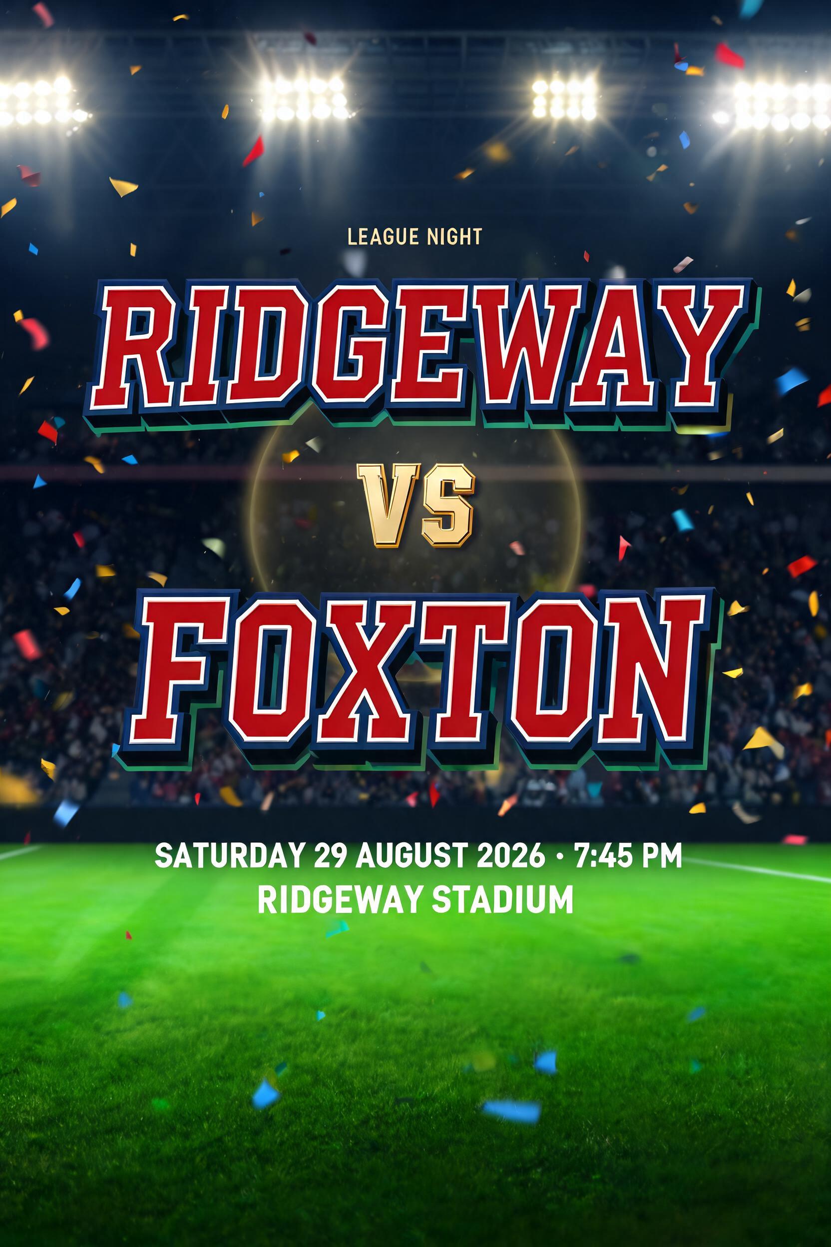 "RIDGEWAY
VS
FOXTON
LEAGUE NIGHT
SATURDAY 29 AUGUST 2026 · 7:45 PM
RIDGEWAY STADIUM" — Sports Football | AI Text Effect Generator