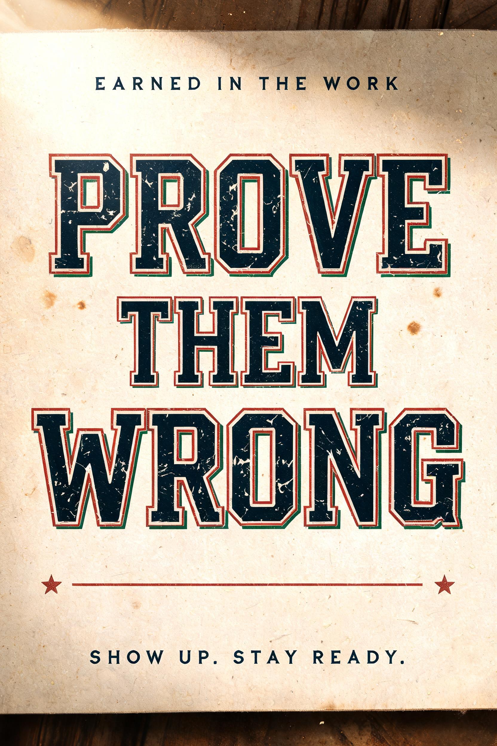 "PROVE
THEM
WRONG
EARNED IN THE WORK
SHOW UP. STAY READY." — Vintage | AI Text Effect Generator
