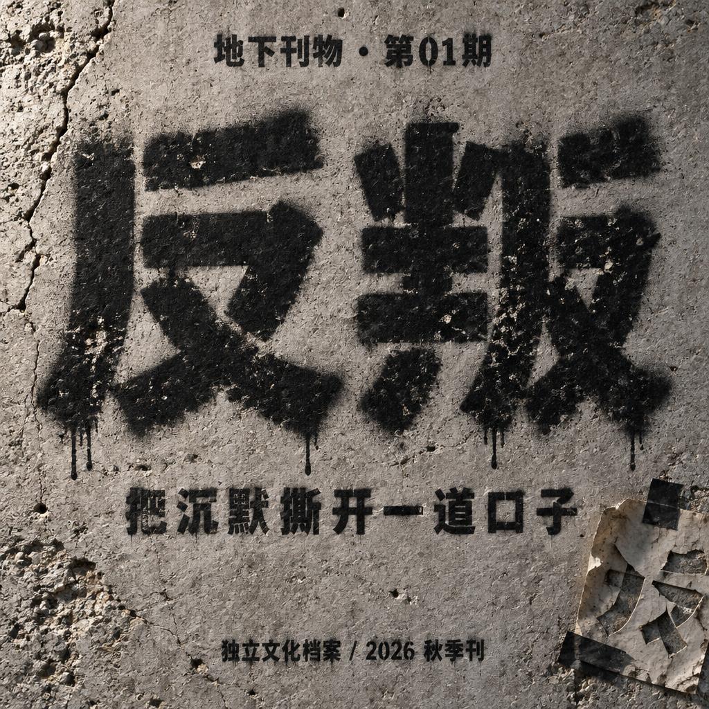 "反叛
地下刊物 · 第01期
把沉默撕开一道口子
独立文化档案 / 2026 秋季刊" — Stencil text effect