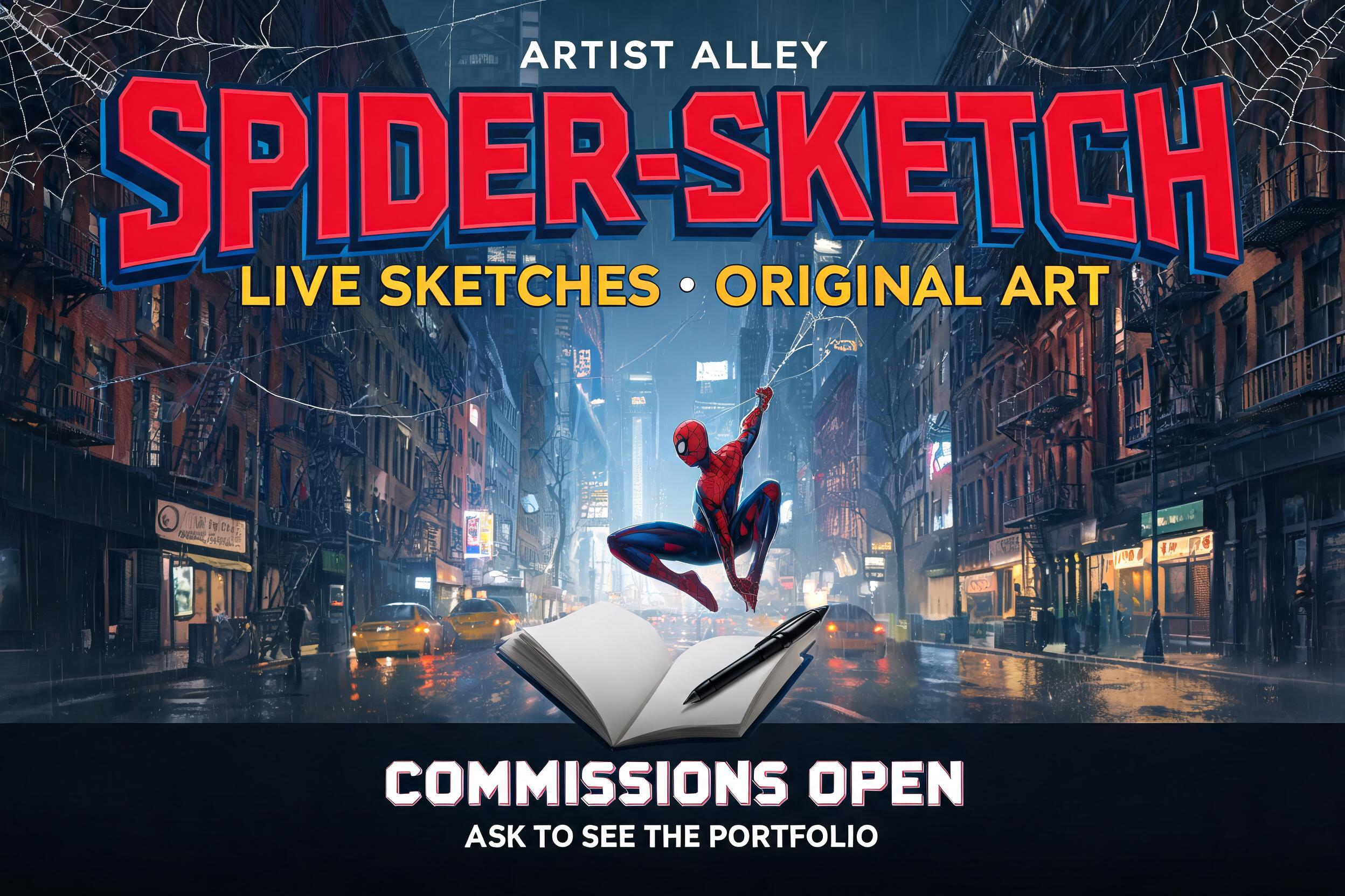 "SPIDER-SKETCH
ARTIST ALLEY
LIVE SKETCHES • ORIGINAL ART
COMMISSIONS OPEN
ASK TO SEE THE PORTFOLIO" — Spider Hero text effect