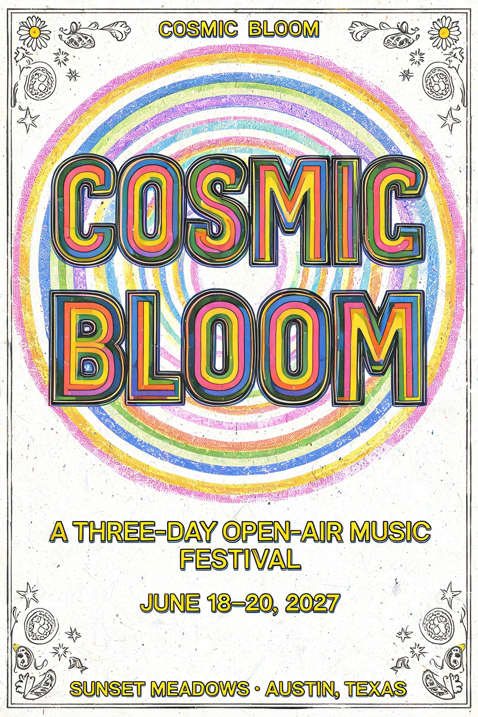 "COSMIC BLOOM
COSMIC
BLOOM
A THREE-DAY OPEN-AIR MUSIC FESTIVAL
JUNE 18–20, 2027
SUNSET MEADOWS · AUSTIN, TEXAS" — Psychedelic text effect