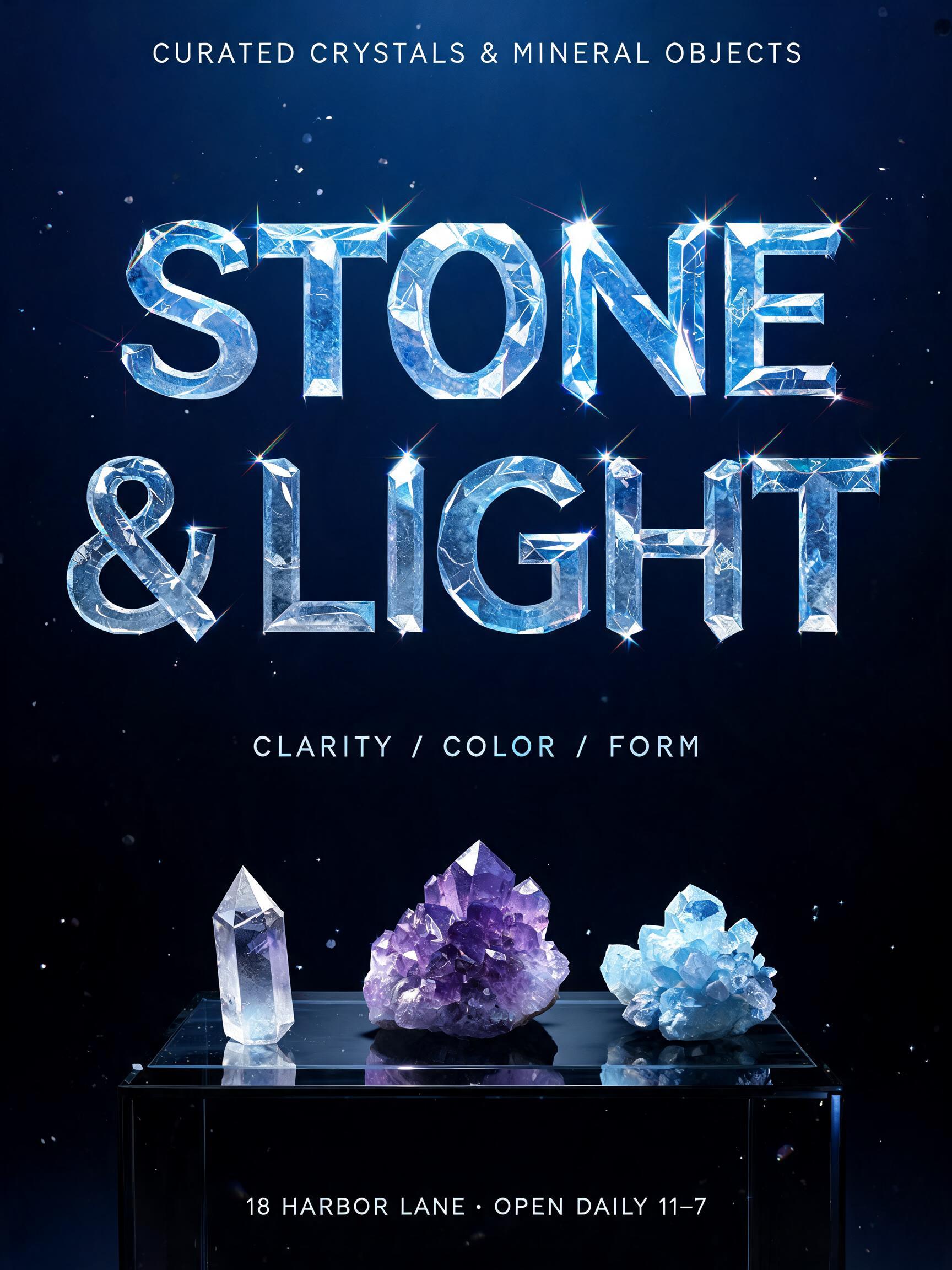 "STONE & LIGHT
CURATED CRYSTALS & MINERAL OBJECTS
CLARITY / COLOR / FORM
18 HARBOR LANE · OPEN DAILY 11–7" — Glass Crystal | AI Text Effect Generator