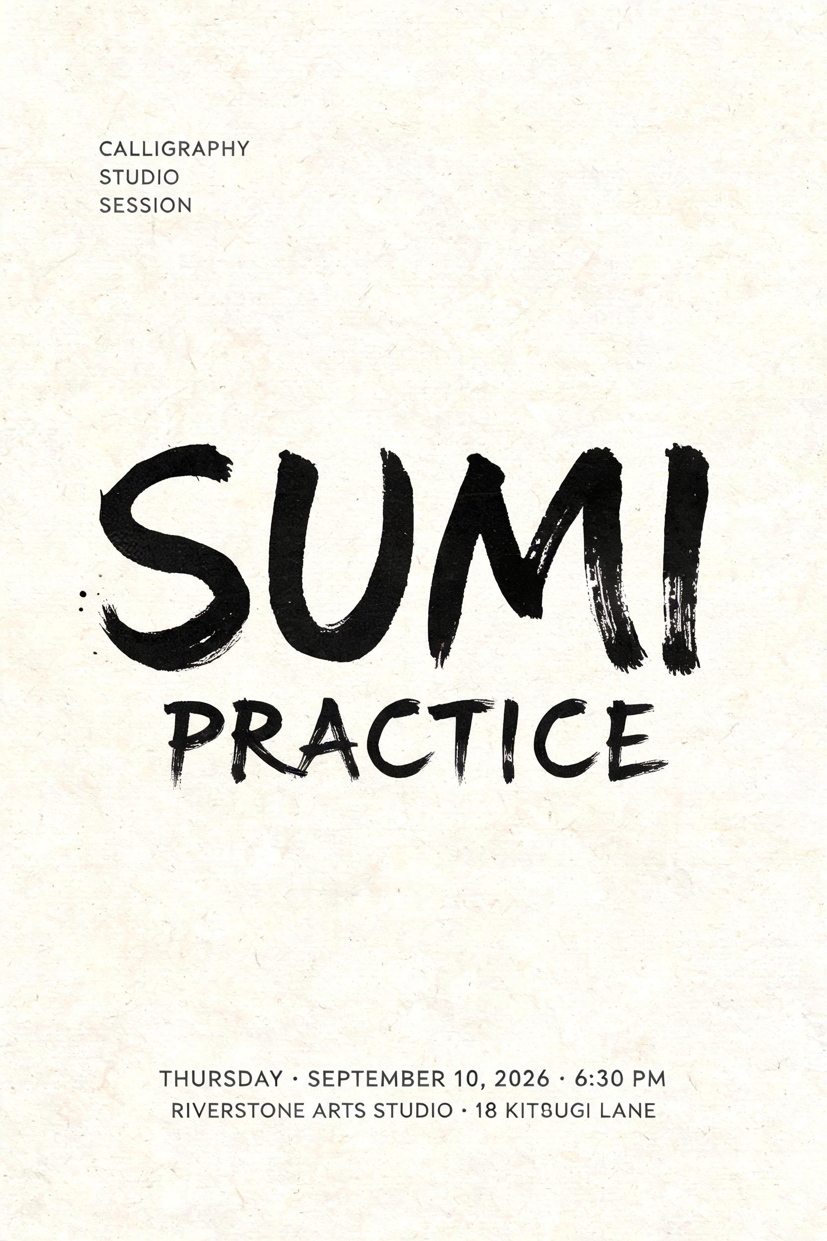 "SUMI
PRACTICE
CALLIGRAPHY STUDIO SESSION
THURSDAY · SEPTEMBER 10, 2026 · 6:30 PM
RIVERSTONE ARTS STUDIO · 18 KINTSUGI LANE" — Brush Japanese Ink | AI Text Effect Generator