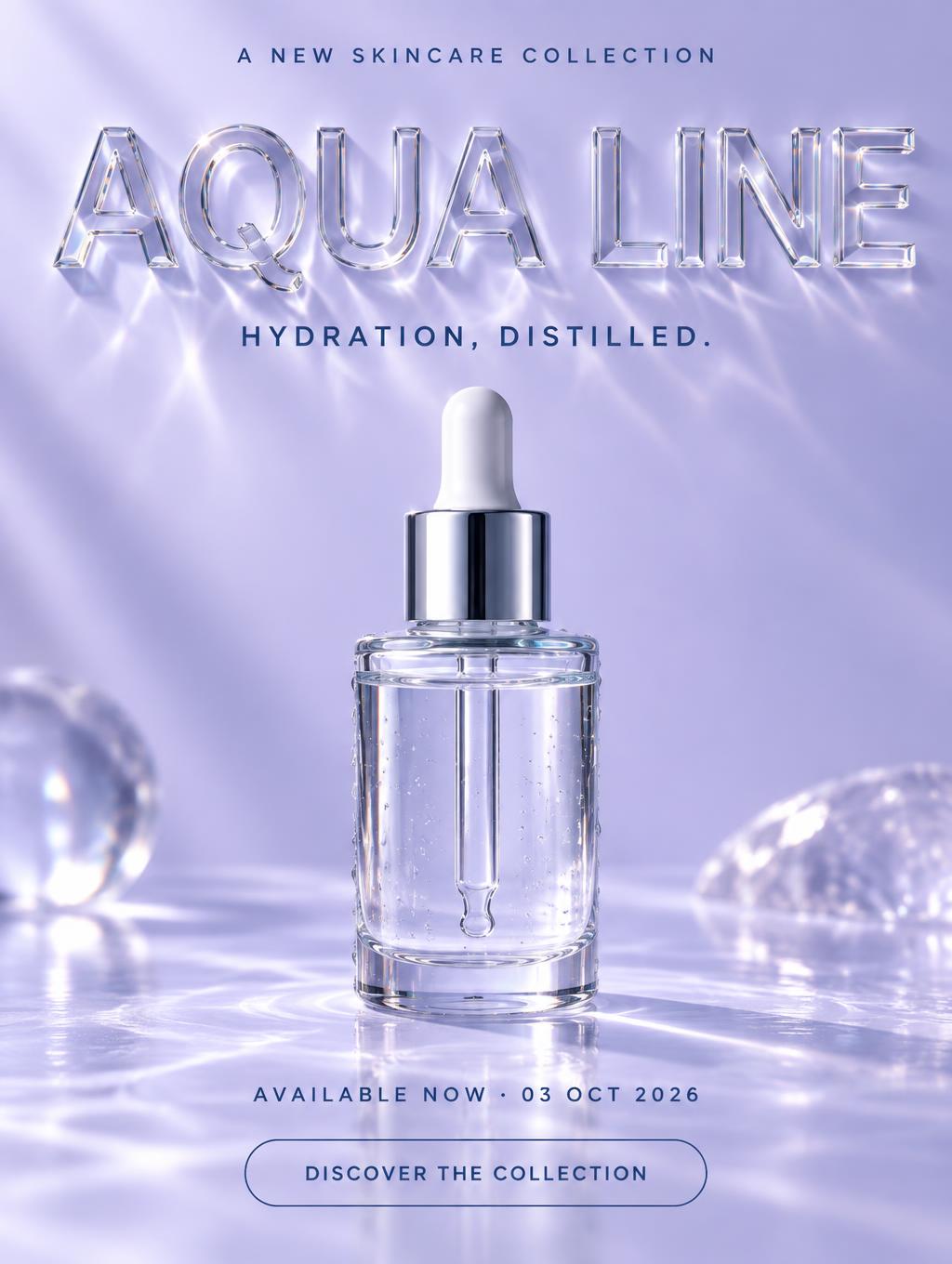"AQUA LINE
HYDRATION, DISTILLED.
A NEW SKINCARE COLLECTION
AVAILABLE NOW · 03 OCT 2026
DISCOVER THE COLLECTION" — Glass | AI Text Effect Generator