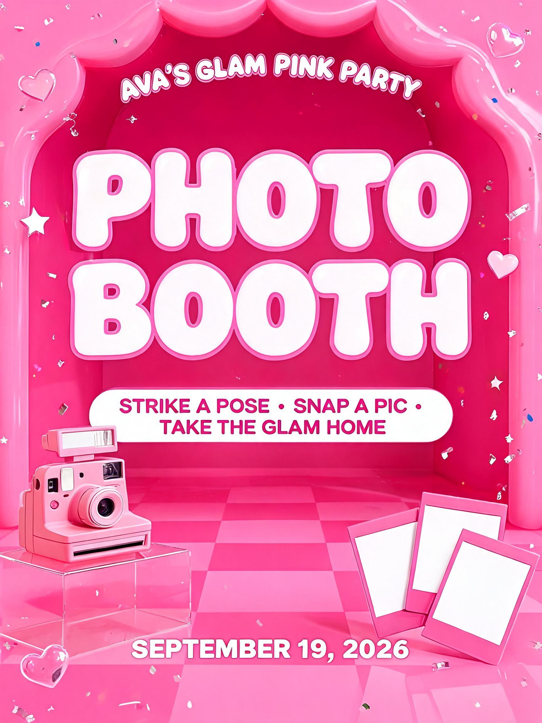 PHOTO
BOOTH
AVA’S GLAM PINK PARTY
STRIKE A POSE • SNAP A PIC • TAKE THE GLAM HOME
SEPTEMBER 19, 2026