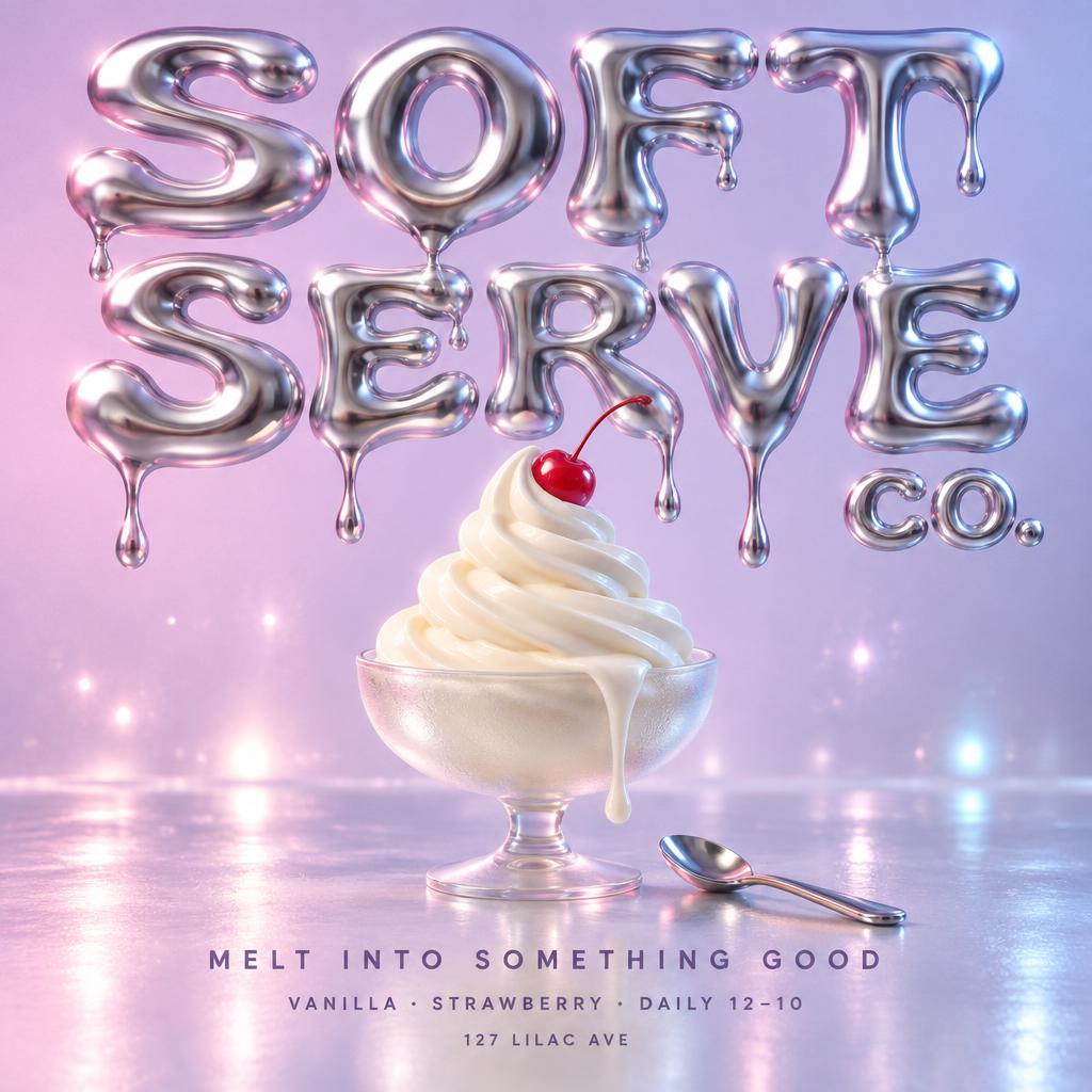 "SOFT SERVE
CO.
MELT INTO SOMETHING GOOD
VANILLA · STRAWBERRY · DAILY 12–10
127 LILAC AVE" — Y2k Liquid | AI Text Effect Generator