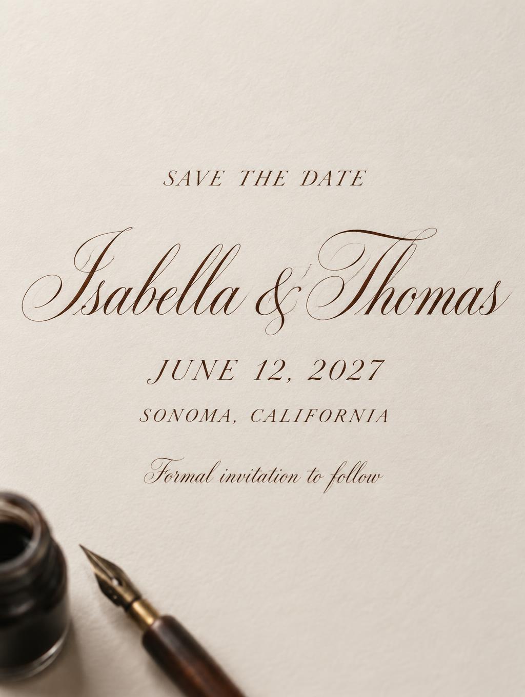 "Isabella & Thomas
SAVE THE DATE
JUNE 12, 2027
SONOMA, CALIFORNIA
Formal invitation to follow" — Cursive Calligraphy text effect