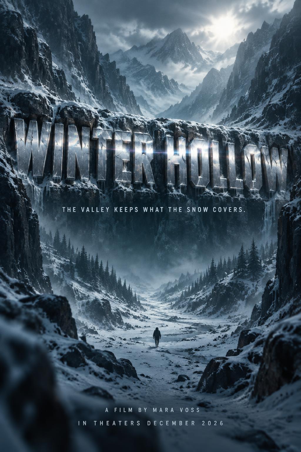 "WINTER HOLLOW
THE VALLEY KEEPS WHAT THE SNOW COVERS.
A FILM BY MARA VOSS
IN THEATERS DECEMBER 2026" — Cinematic Netflix | AI Text Effect Generator