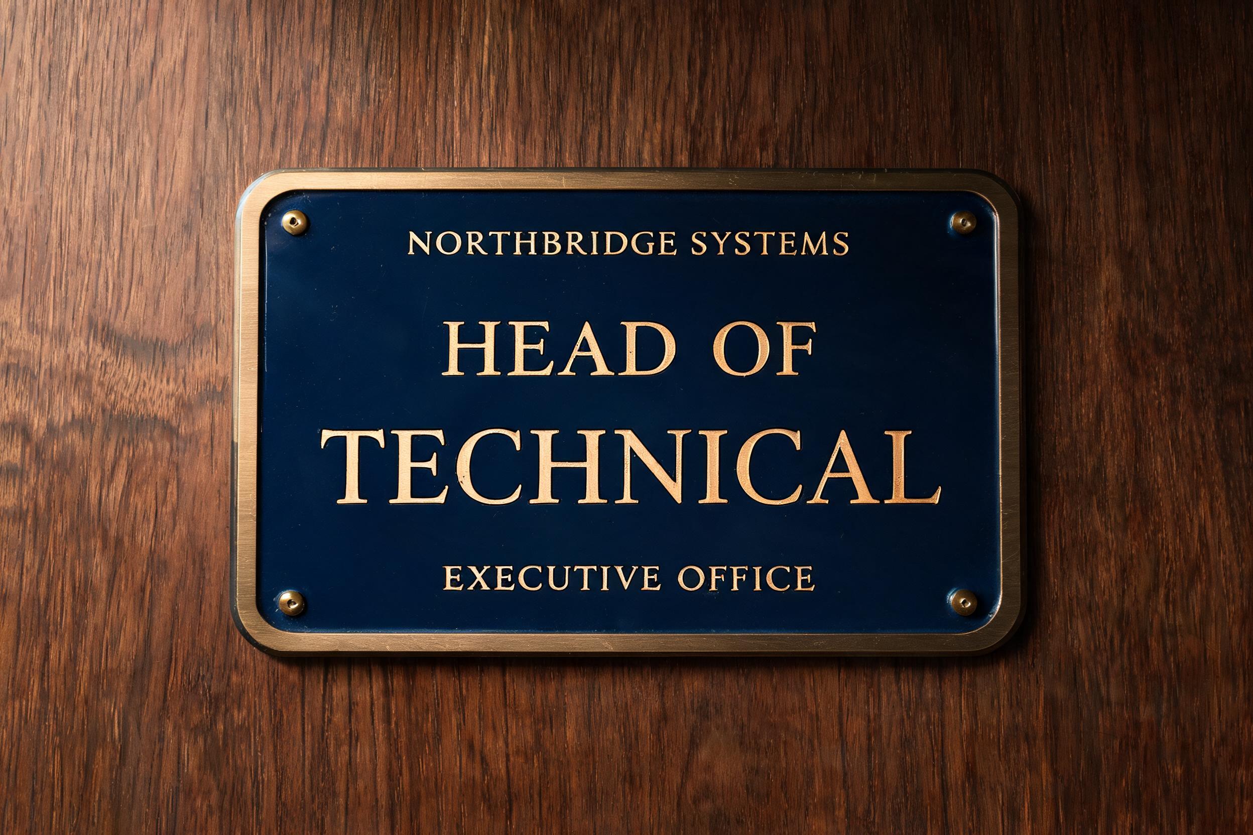 "HEAD OF
TECHNICAL
NORTHBRIDGE SYSTEMS
EXECUTIVE OFFICE" — vintage text effect