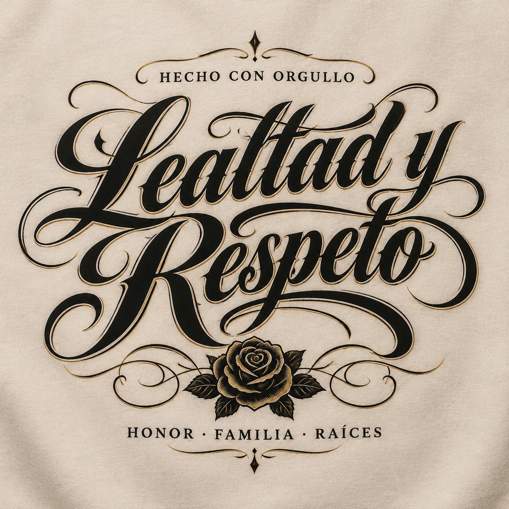 "Lealtad y Respeto
HECHO CON ORGULLO
HONOR · FAMILIA · RAÍCES" — Chicano text effect