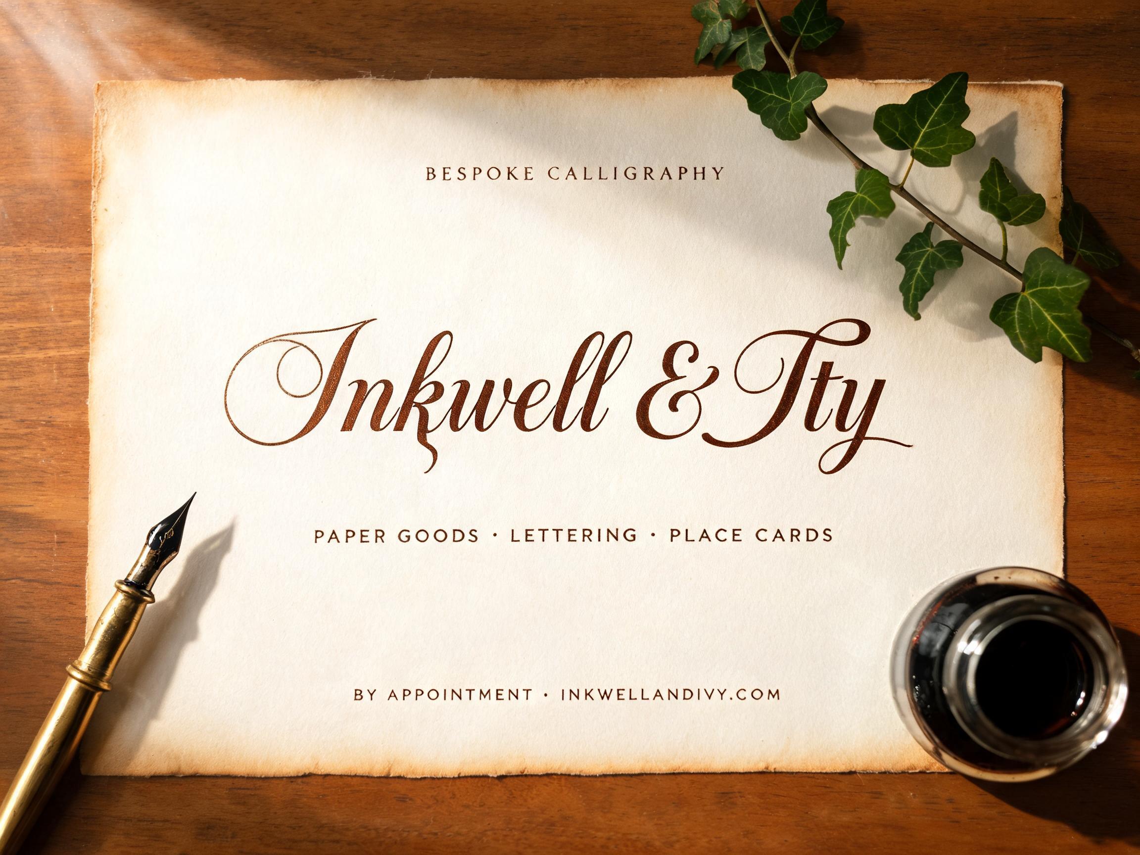 "Inkwell & Ivy
BESPOKE CALLIGRAPHY
PAPER GOODS · LETTERING · PLACE CARDS
BY APPOINTMENT · INKWELLANDIVY.COM" — Handwritten Script | AI Text Effect Generator
