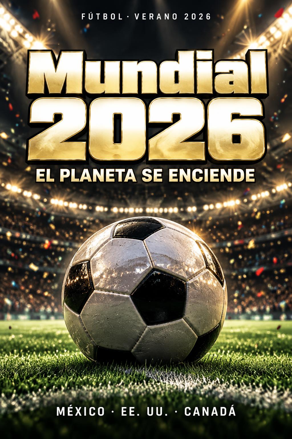 "Mundial 2026
FÚTBOL · VERANO 2026
EL PLANETA SE ENCIENDE
MÉXICO · EE. UU. · CANADÁ" — Sports Football | AI Text Effect Generator