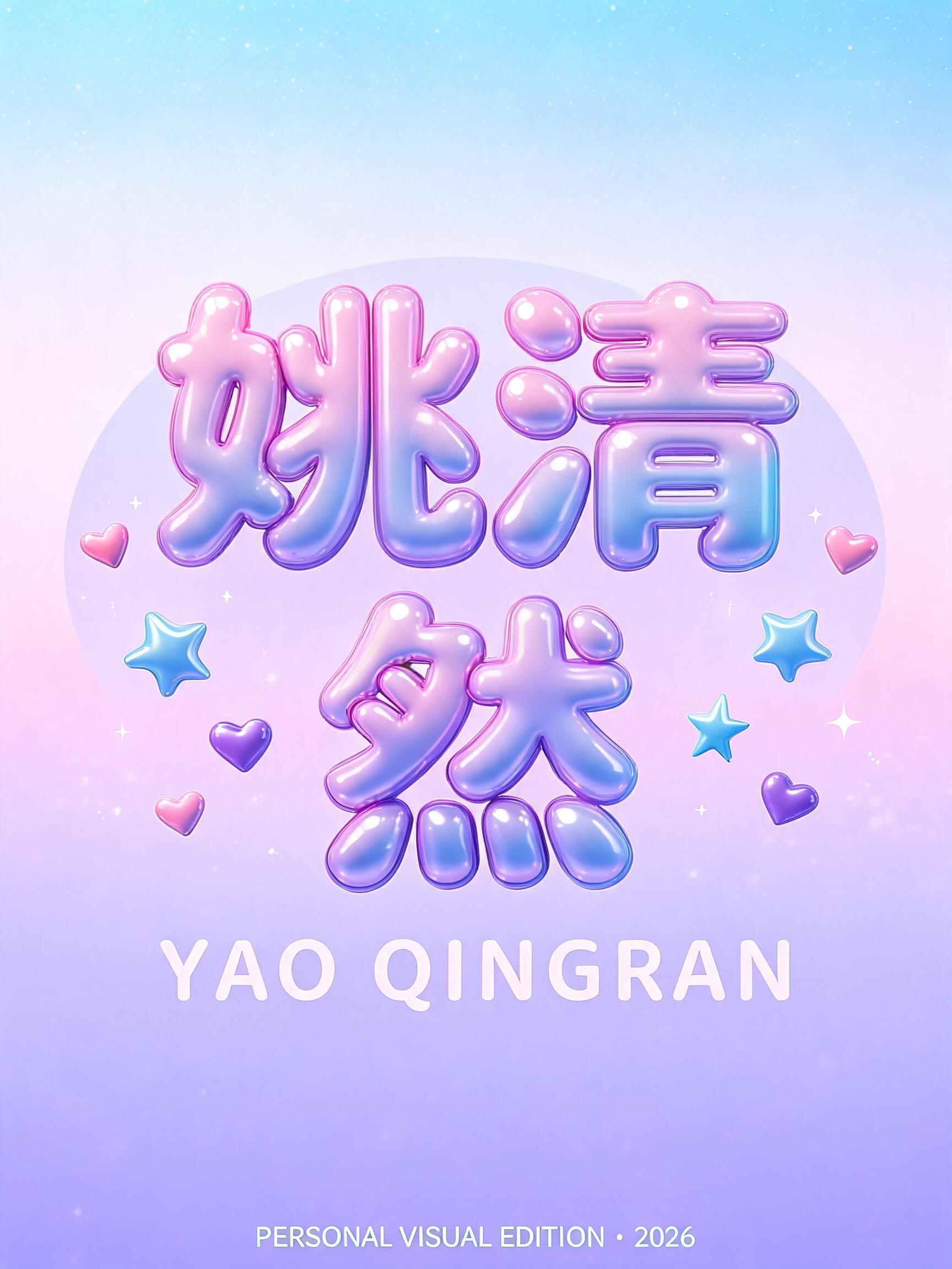 "姚清
然
YAO QINGRAN
PERSONAL VISUAL EDITION · 2026" — Y2k Bubbly text effect