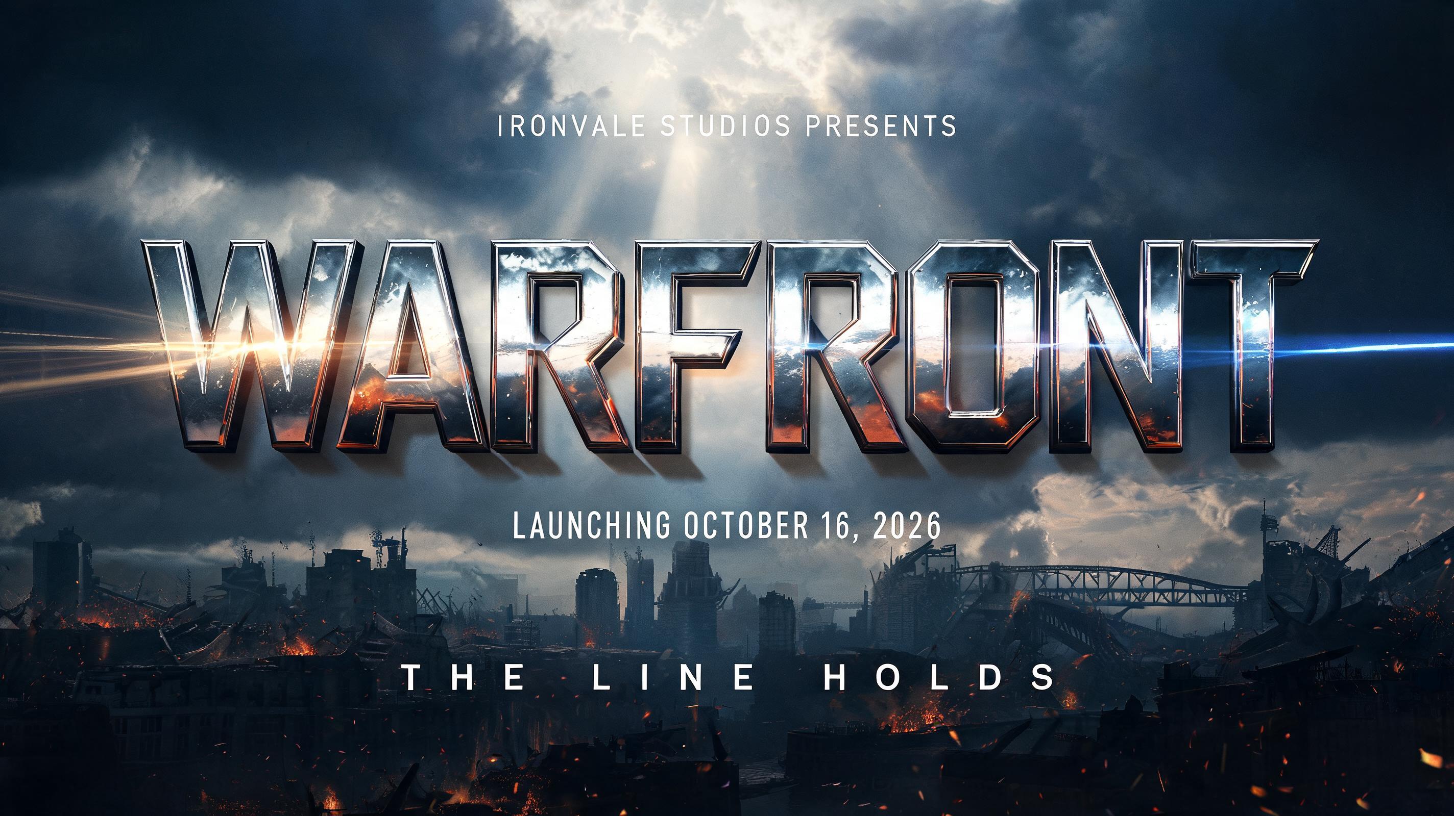 "WARFRONT
IRONVALE STUDIOS PRESENTS
LAUNCHING OCTOBER 16, 2026
THE LINE HOLDS" — Cinematic Blockbuster text effect