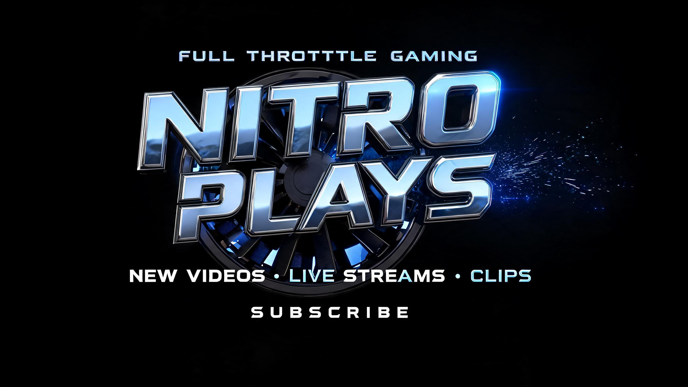 "NITRO
PLAYS
FULL THROTTLE GAMING
NEW VIDEOS • LIVE STREAMS • CLIPS
SUBSCRIBE" — Chrome Metal 3d | AI Text Effect Generator