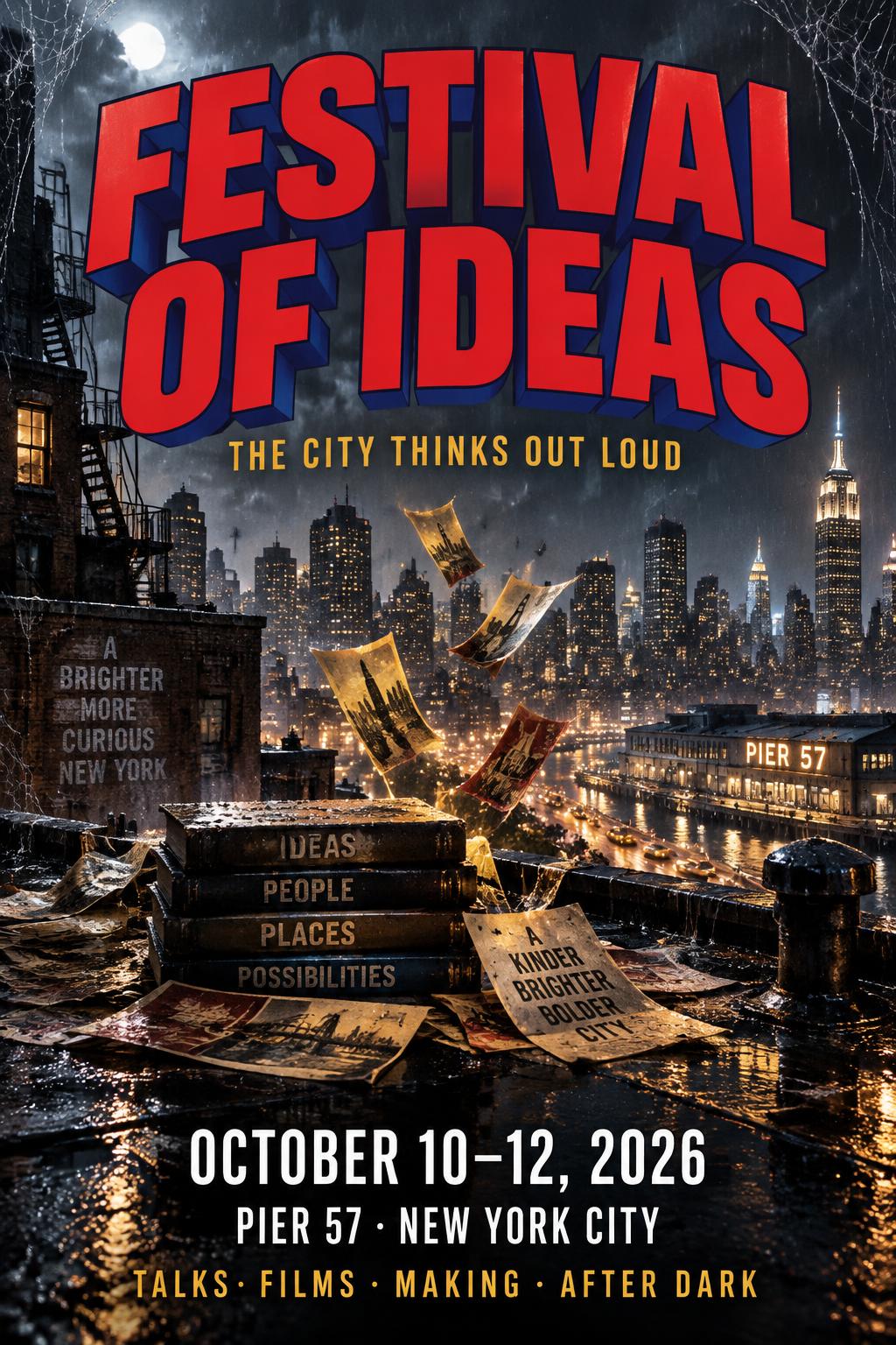 FESTIVAL
OF IDEAS
THE CITY THINKS OUT LOUD
OCTOBER 10–12, 2026
PIER 57 · NEW YORK CITY
TALKS · FILMS · MAKING · AFTER DARK