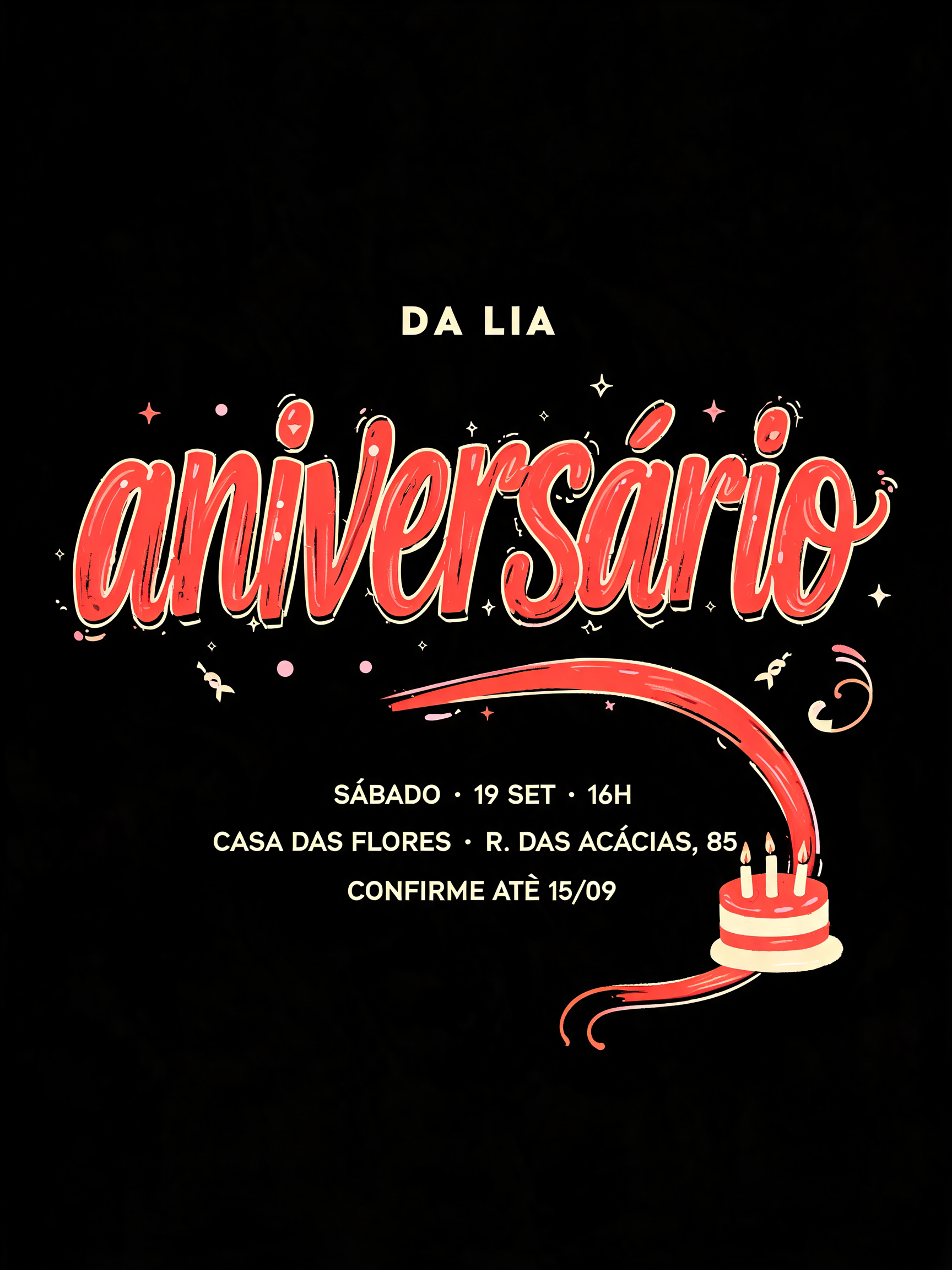 aniversário
DA LIA
SÁBADO · 19 SET · 16H
CASA DAS FLORES · R. DAS ACÁCIAS, 85
CONFIRME ATÉ 15/09