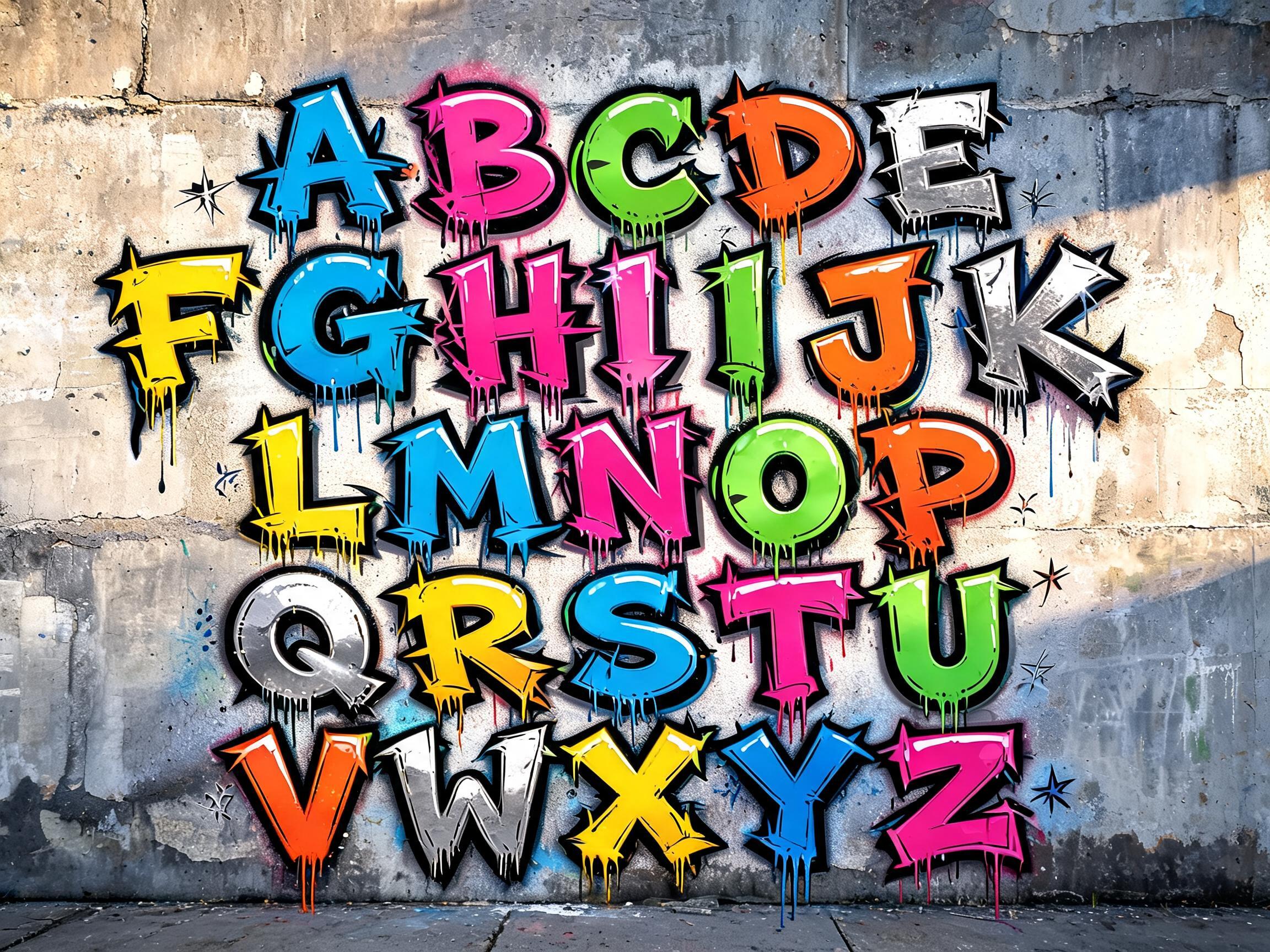 "A B C D E
F G H I J K
L M N O P
Q R S T U
V W X Y Z" — Graffiti | AI Text Effect Generator