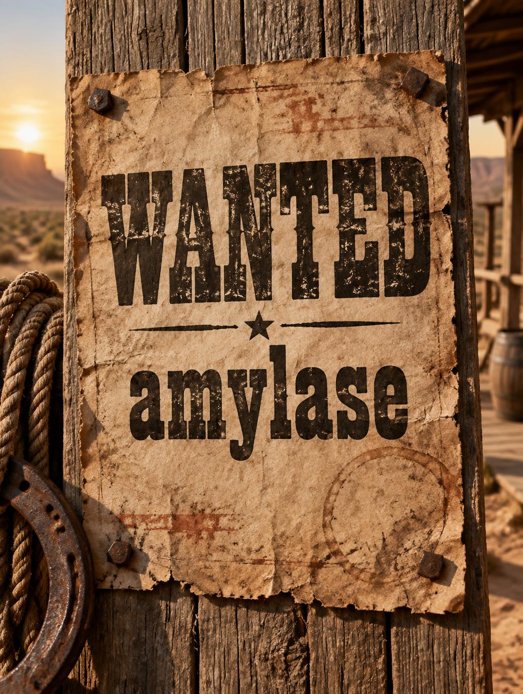 "wanted amylase" — Western text effect