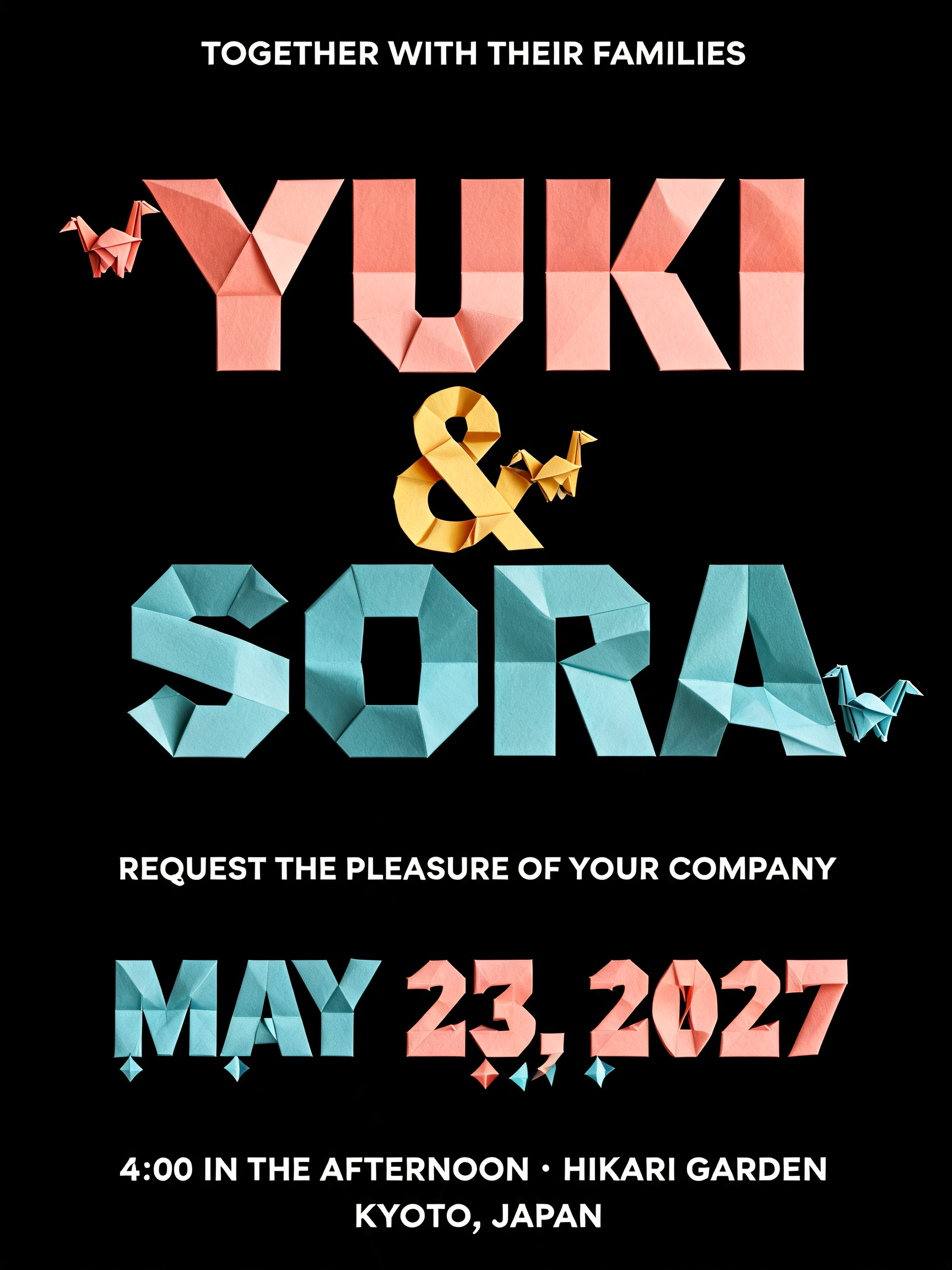 YUKI
& SORA
TOGETHER WITH THEIR FAMILIES
REQUEST THE PLEASURE OF YOUR COMPANY
MAY 23, 2027
4:00 IN THE AFTERNOON · HIKARI GARDEN
KYOTO, JAPAN