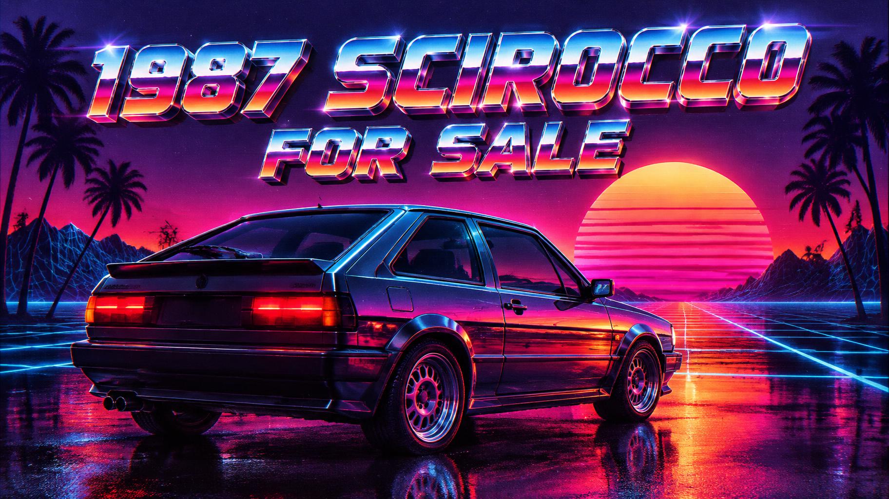 "1987 SCIROCCO
FOR SALE" — Synthwave text effect