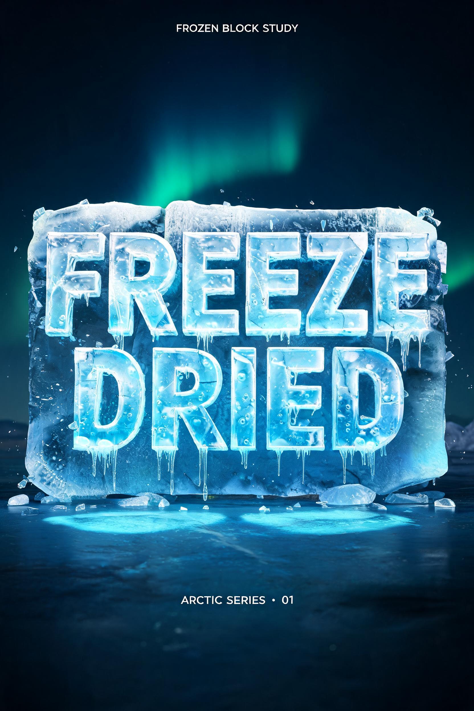 "Make me thick ice letters that say FREEZE DRIED carved from a frozen block" — Glass Frozen | AI Text Effect Generator