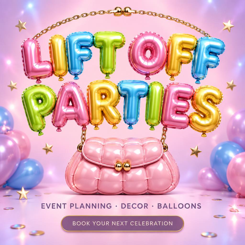 "LIFT OFF PARTIES
EVENT PLANNING · DECOR · BALLOONS
BOOK YOUR NEXT CELEBRATION" — Y2k Bubbly | AI Text Effect Generator
