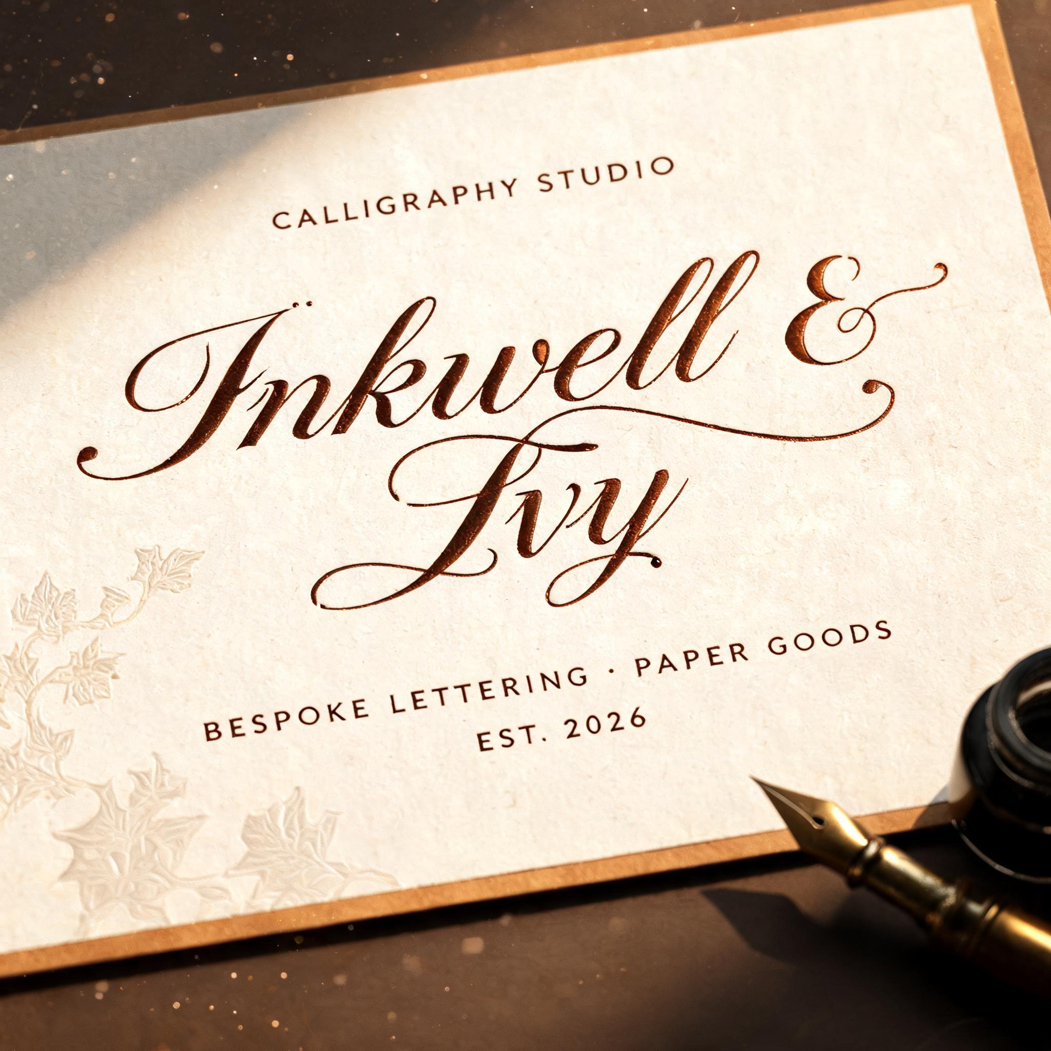 "Inkwell & Ivy
CALLIGRAPHY STUDIO
BESPOKE LETTERING · PAPER GOODS
EST. 2026" — Handwritten Script text effect