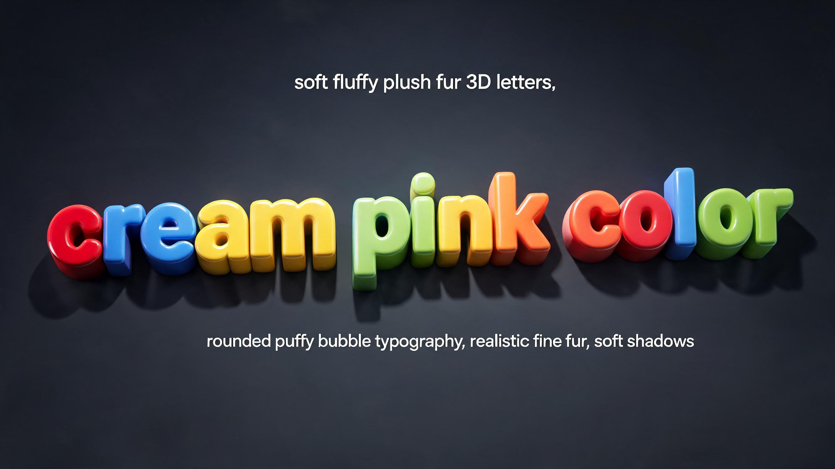 "soft fluffy plush fur 3D letters, cream pink color, rounded puffy bubble typography, realistic fine fur, soft shadows" — 3d Bold | AI Text Effect Generator