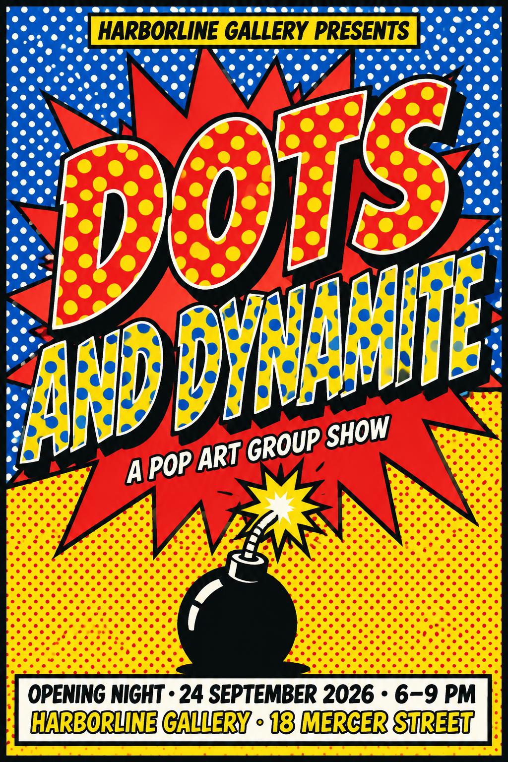 "DOTS
AND DYNAMITE
HARBORLINE GALLERY PRESENTS
A POP ART GROUP SHOW
OPENING NIGHT · 24 SEPTEMBER 2026 · 6–9 PM
HARBORLINE GALLERY · 18 MERCER STREET" — Pop Art | AI Text Effect Generator
