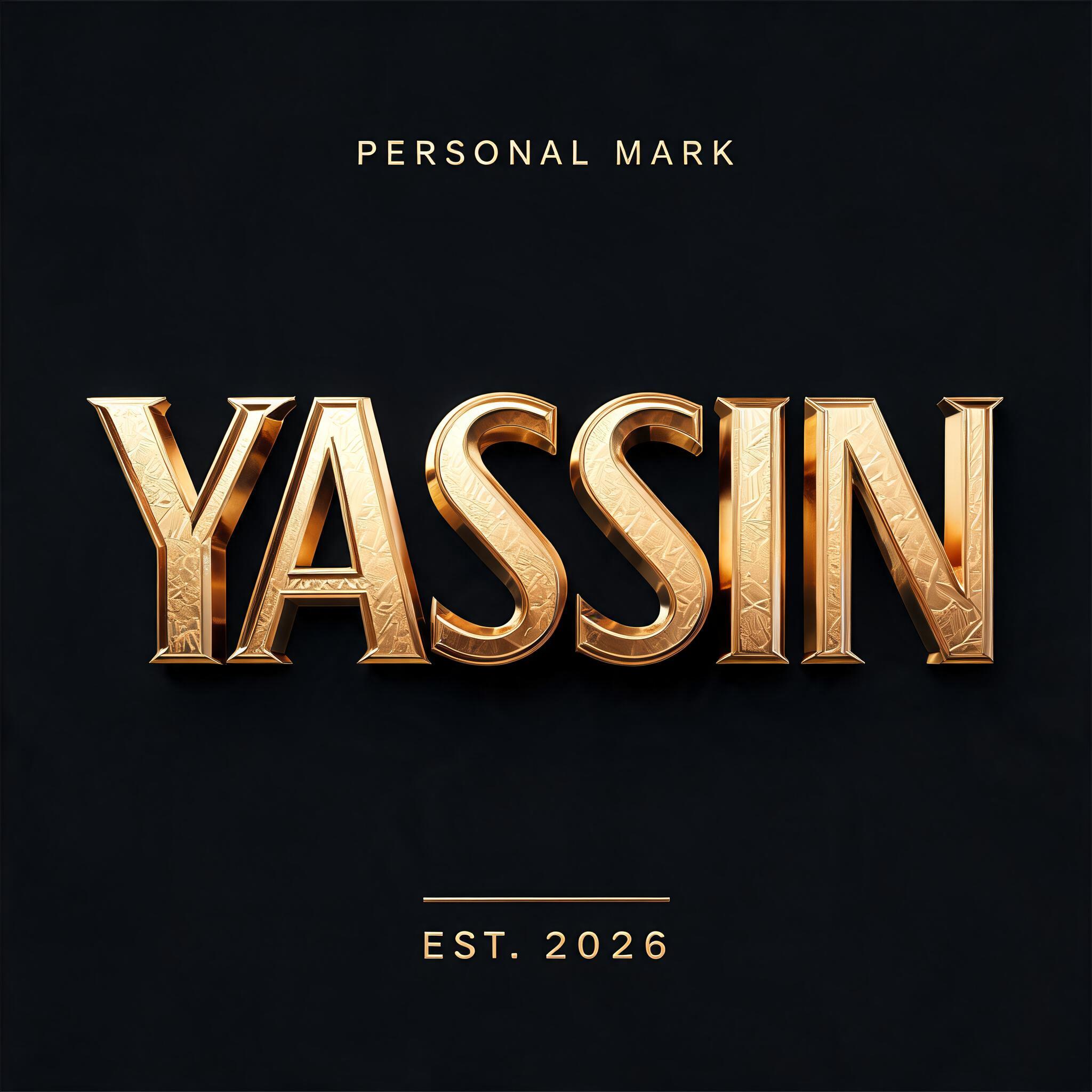 "YASSIN
PERSONAL MARK
EST. 2026" — 3d Bold Gold | AI Text Effect Generator