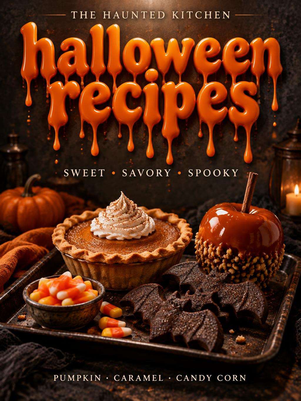 "halloween recipes
THE HAUNTED KITCHEN
SWEET • SAVORY • SPOOKY
PUMPKIN · CARAMEL · CANDY CORN" — Drip Font text effect