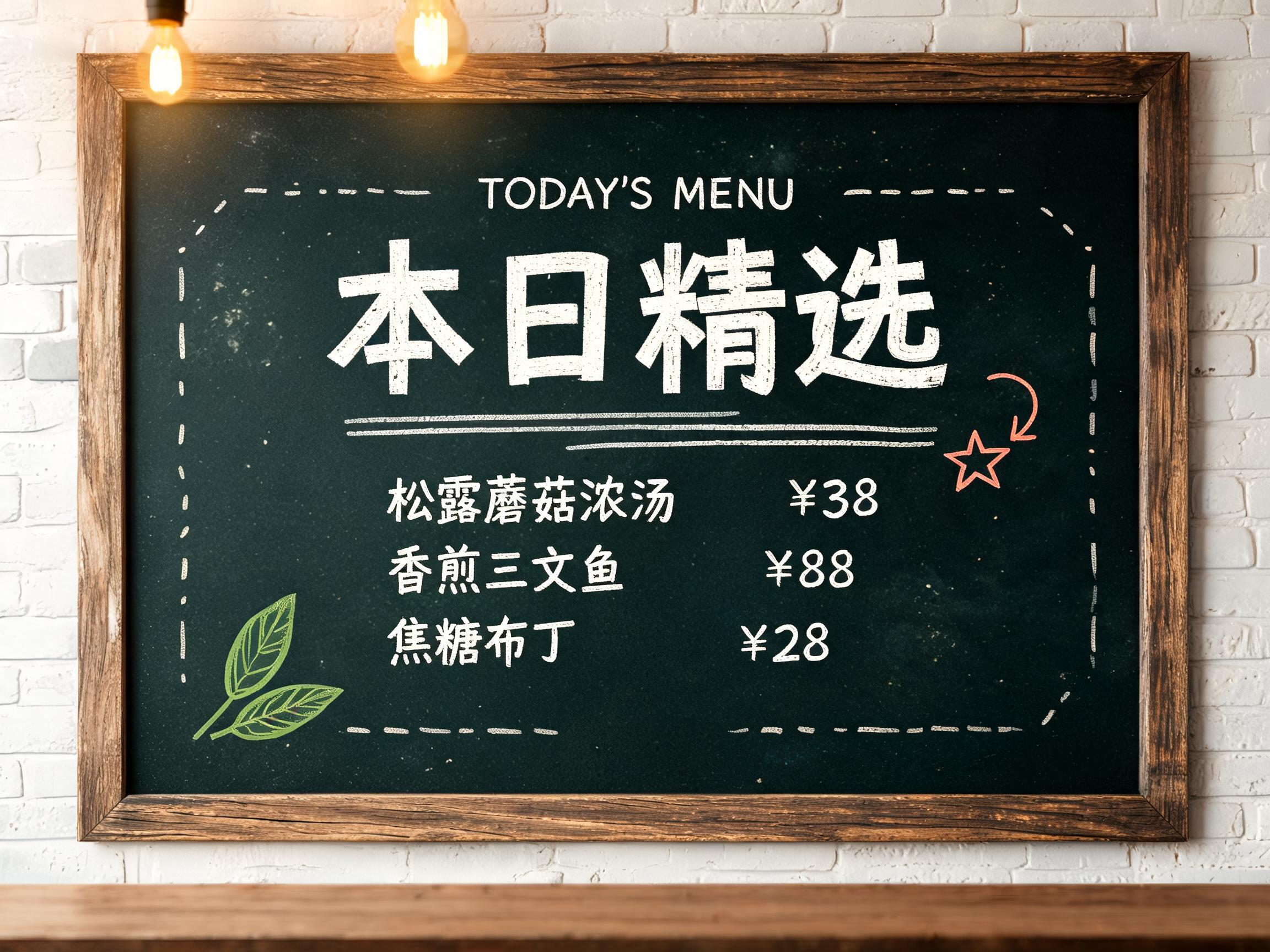"本日精选
TODAY'S MENU
松露蘑菇浓汤        ¥38
香煎三文鱼          ¥88
焦糖布丁            ¥28" — Chalk text effect
