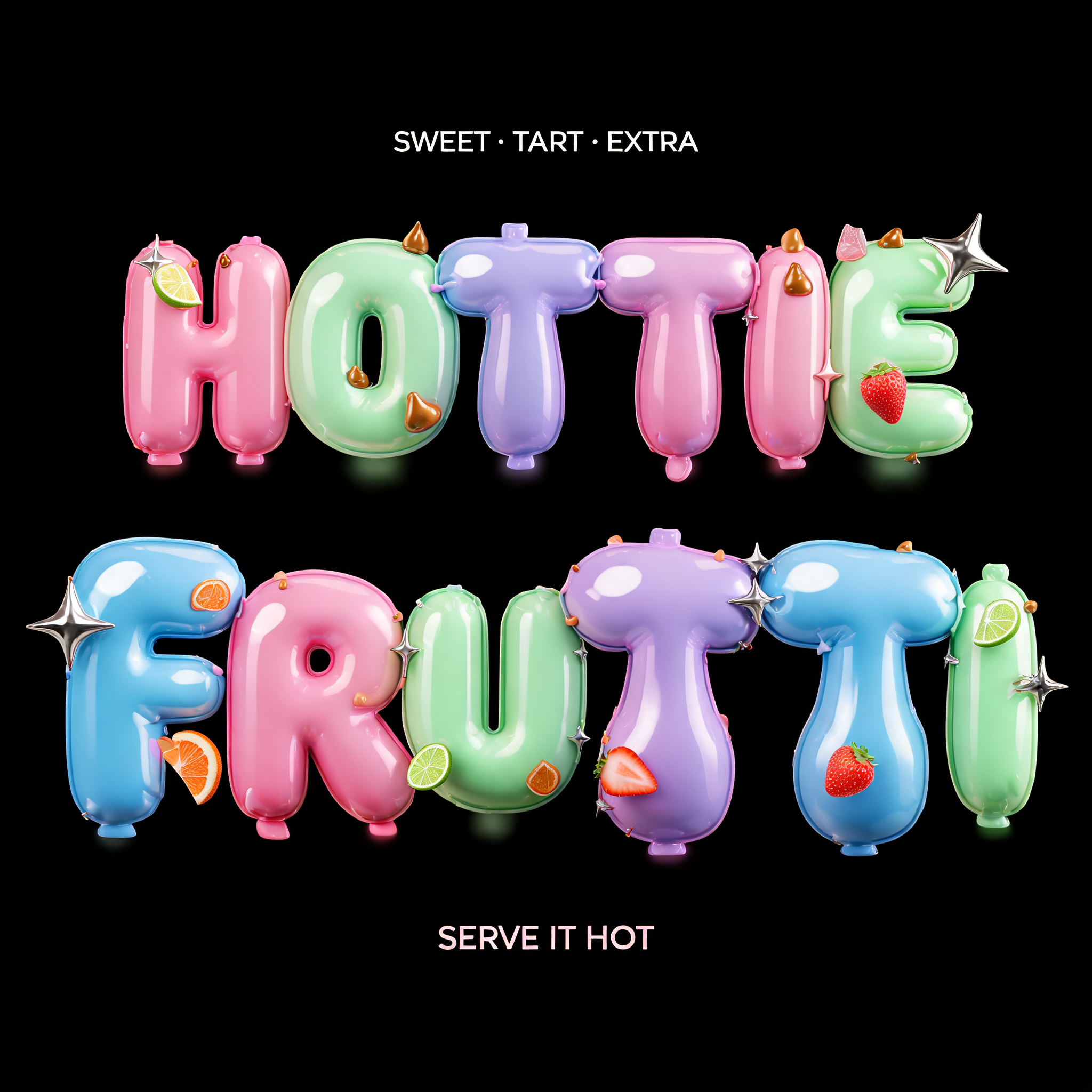 "Un texto de decoración que diga "HOTTIE FRUTTI", burbuja 3D" — 3d Bold Inflated | AI Text Effect Generator