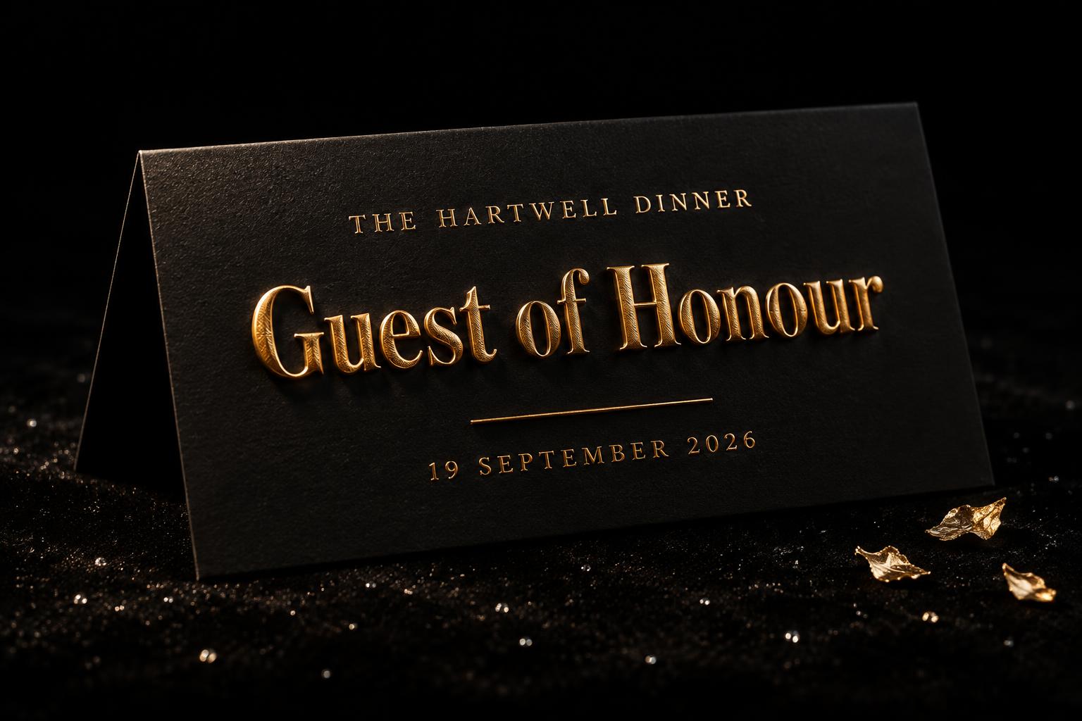 "Guest of Honour
THE HARTWELL DINNER
19 SEPTEMBER 2026" — Luxury Gold | AI Text Effect Generator