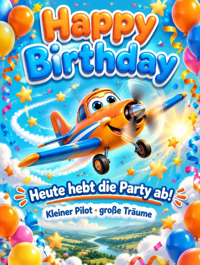 "Happy Birthday
Heute hebt die Party ab!
Kleiner Pilot · große Träume" — birthday text effect