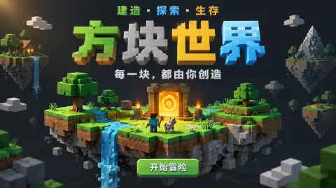 "方块世界
建造 · 探索 · 生存
每一块,都由你创造
开始冒险" — Pixel Art text effect