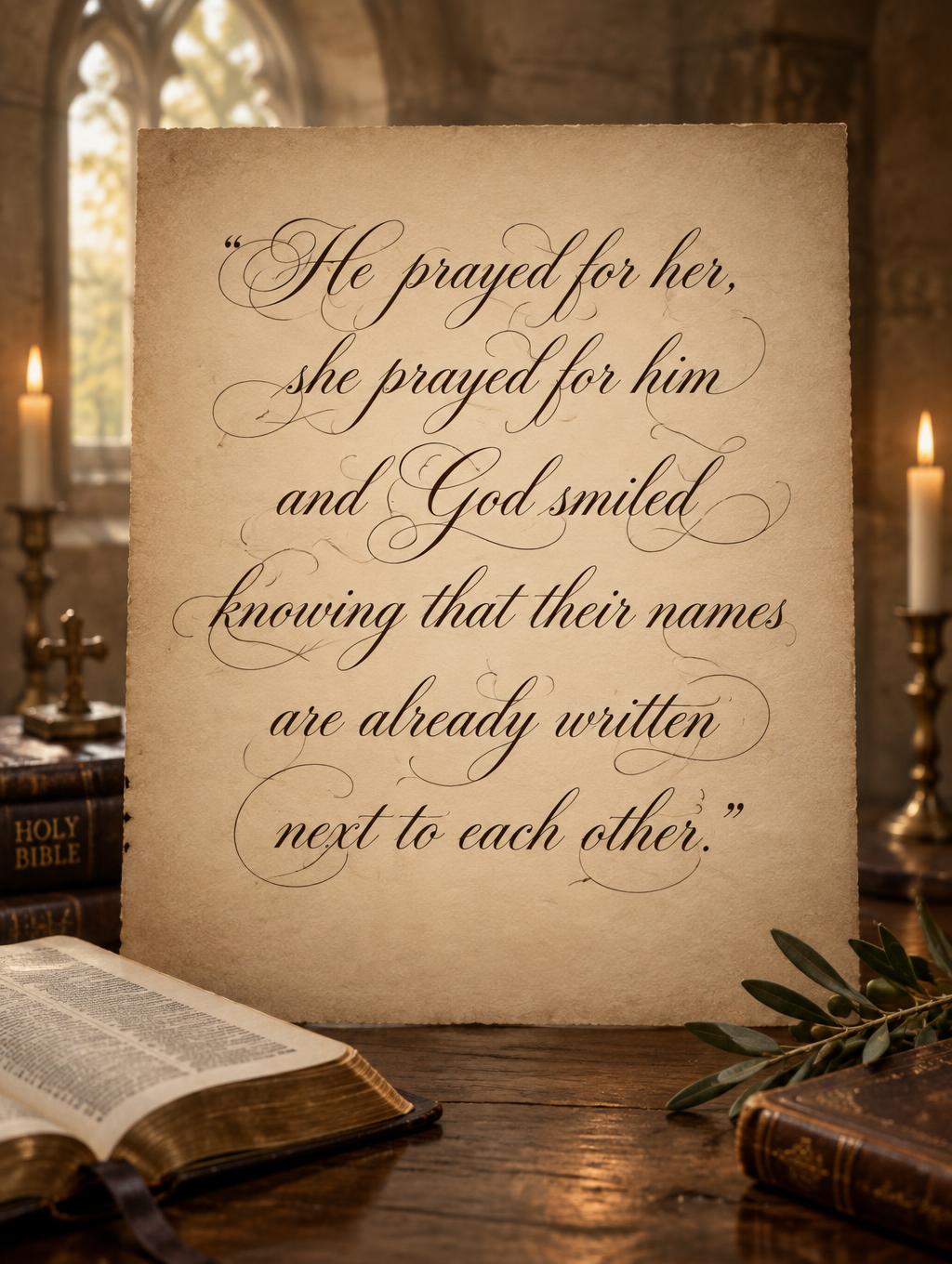 "He prayed for her,
she prayed for him
and God smiled
knowing that their names
are already written 
next to each other." —  | AI Text Effect Generator